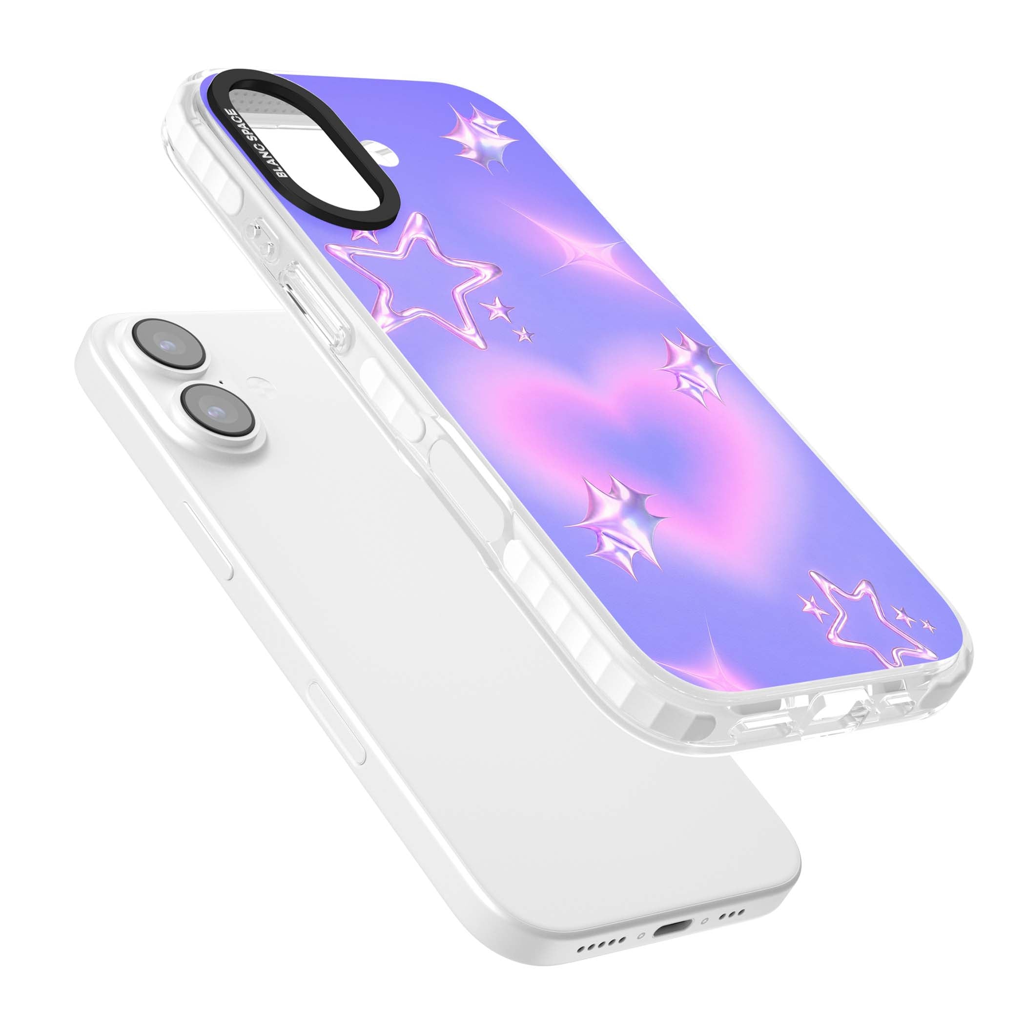 Soft Sugar Y2K iPhone case featuring iridescent chrome hearts, metallic pink stars and a lavender gradient sky | Impact Magsafe case for iPhone 17