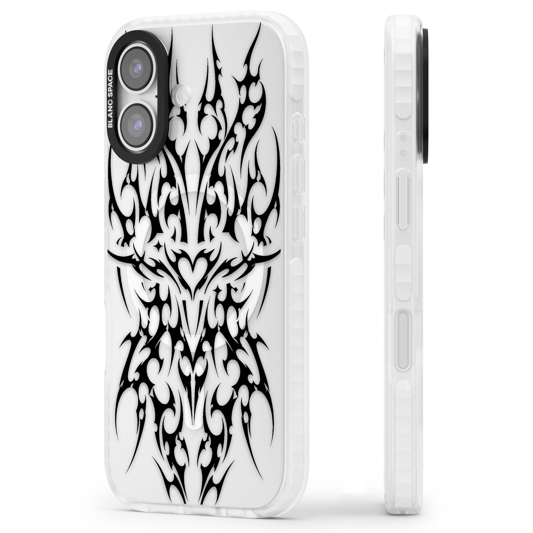Neo Tribal Heart gothic iPhone case featuring symmetrical black tribal tattoo art with sharp thorn-like linework | Impact Magsafe case for iPhone 17
