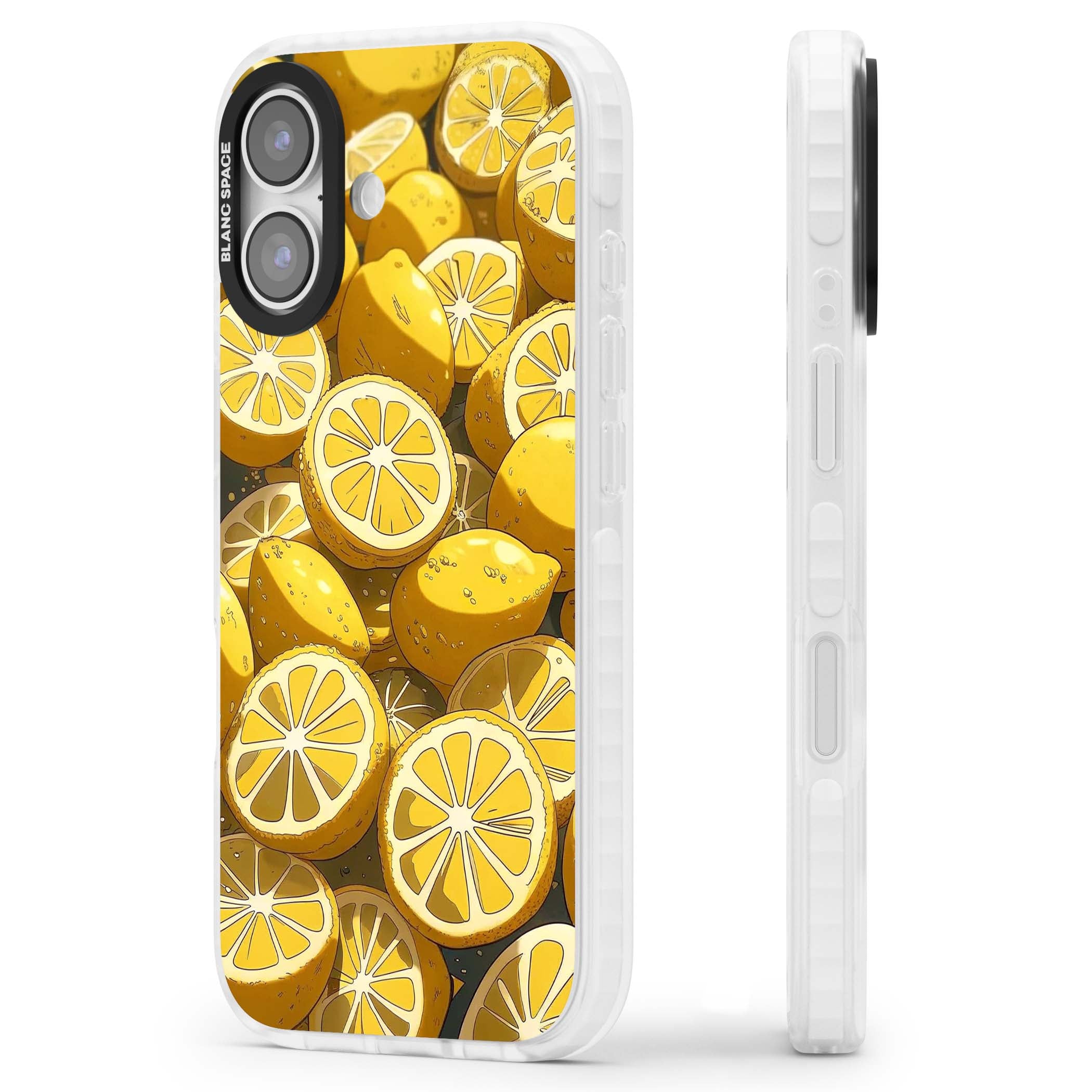 Zesty coastal iPhone case featuring illustrated Mediterranean lemons and citrus slices in golden yellow | Impact Magsafe case for iPhone 17