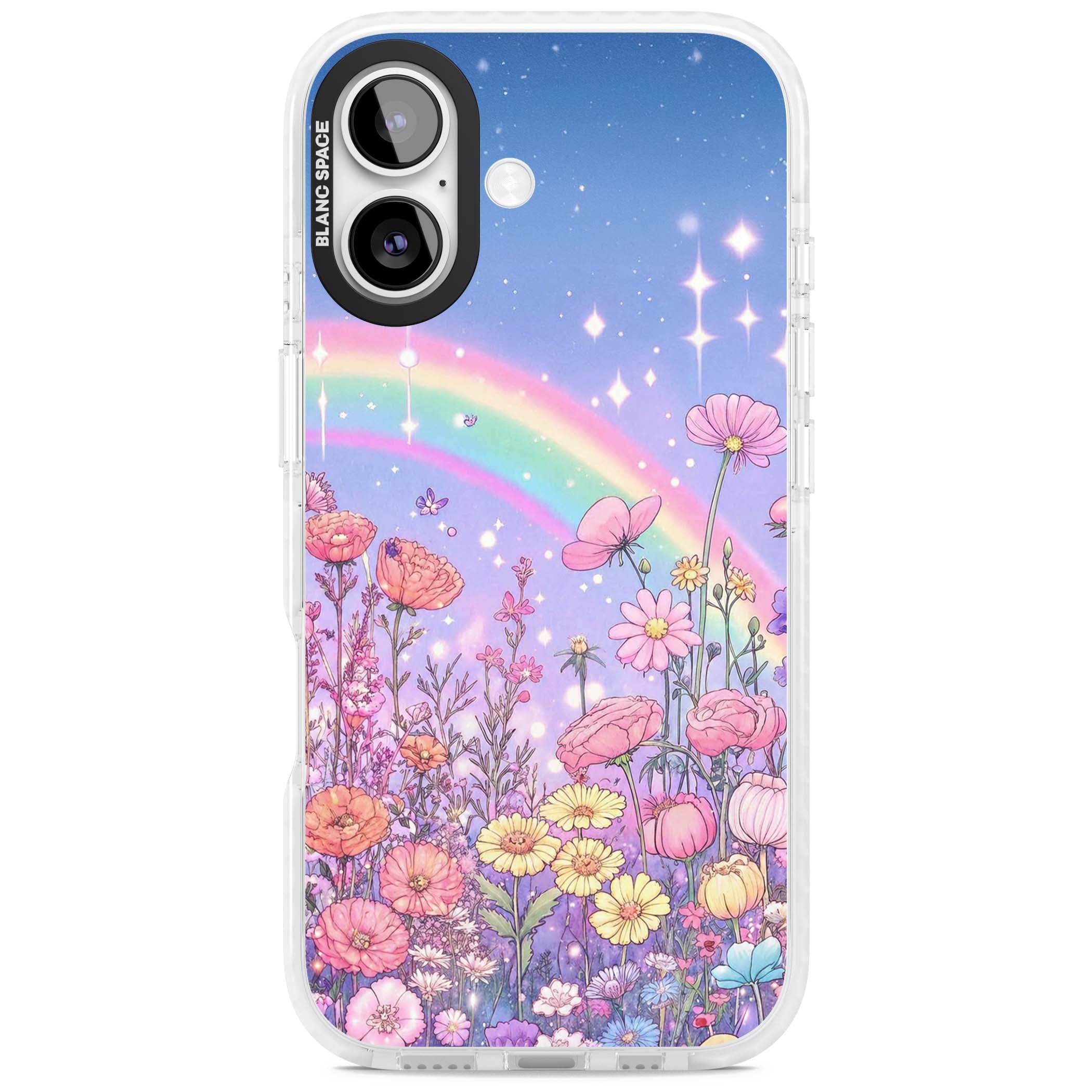 Magical Meadow fairycore iPhone case featuring a pastel rainbow, sparkling stars and a wildflower meadow | Black Impact case for iPhone 17
