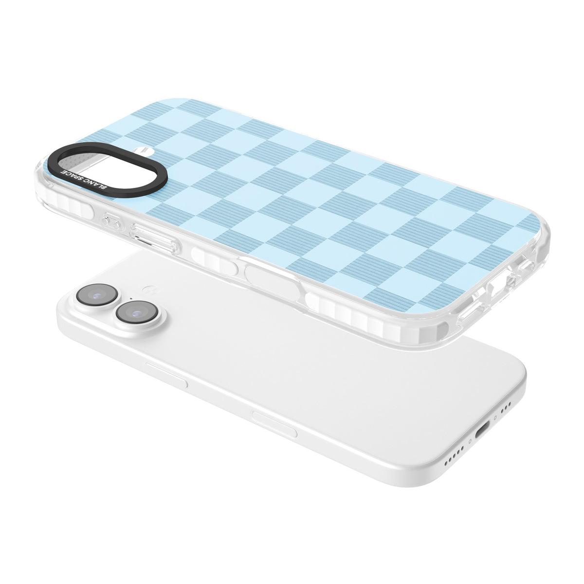 Skyblue Checkered iPhone 16 / iPhone 16 Plus / iPhone 17 Impact Clear Phone Case angled