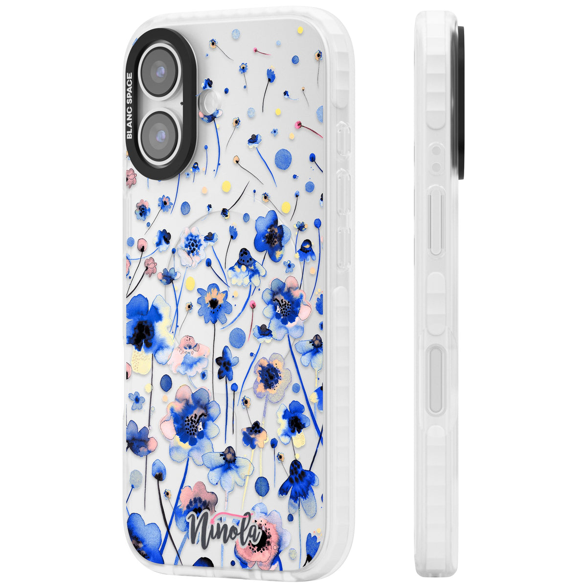 Ink Flowers Blue iPhone 16 / iPhone 16 Plus / iPhone 17 Impact Clear Phone Case side