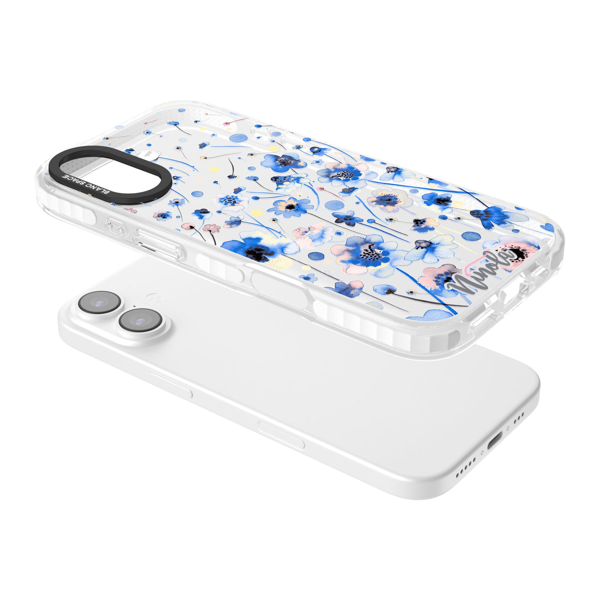 Ink Flowers Blue iPhone 16 / iPhone 16 Plus / iPhone 17 Impact Clear Phone Case angled