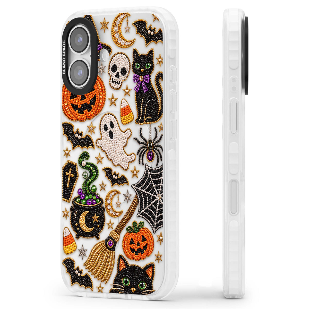 Beaded Halloween Halloween iPhone case featuring beaded pumpkins, ghosts, black cats and bats | Black Impact case for iPhone 17