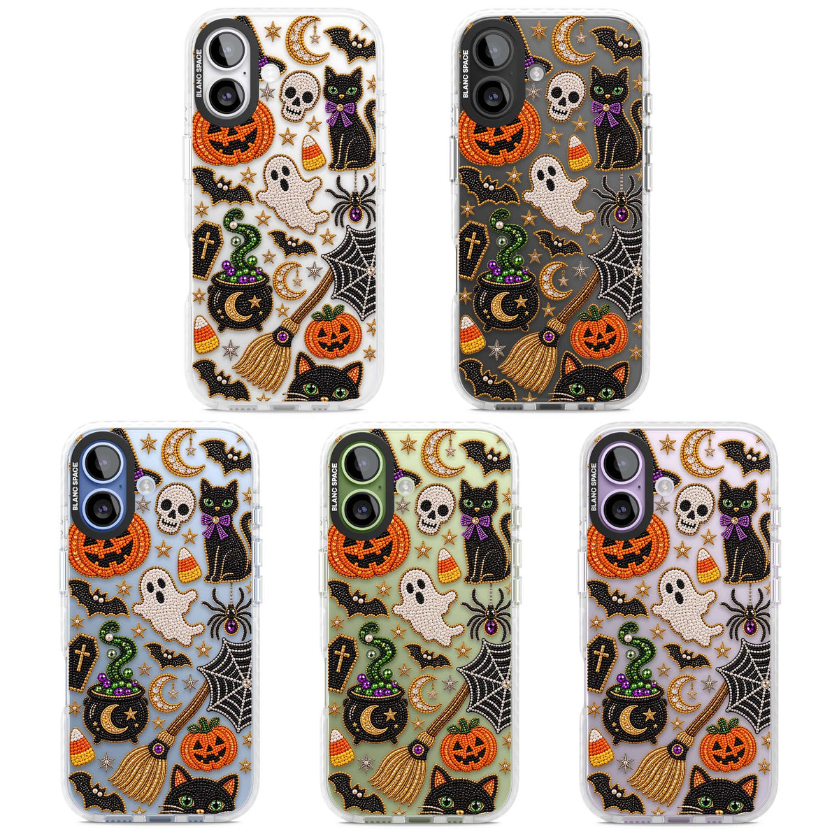 Beaded Halloween Halloween iPhone case featuring beaded pumpkins, ghosts, black cats and bats | Black Impact case for iPhone 17