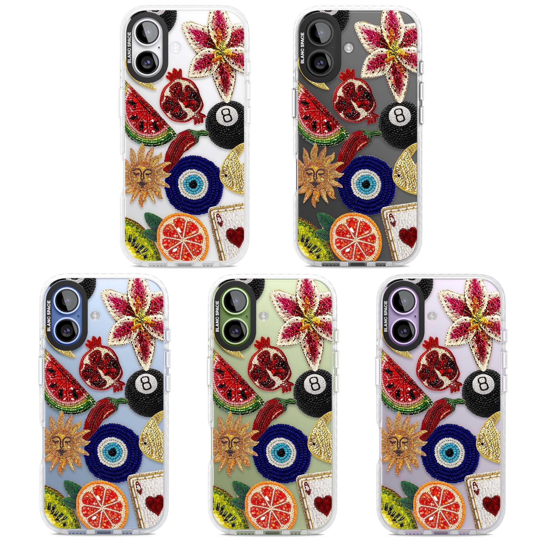 Beaded Charms embroidery iPhone case featuring beaded evil eye, fruit patches and a golden sun motif | Black Impact case for iPhone 17