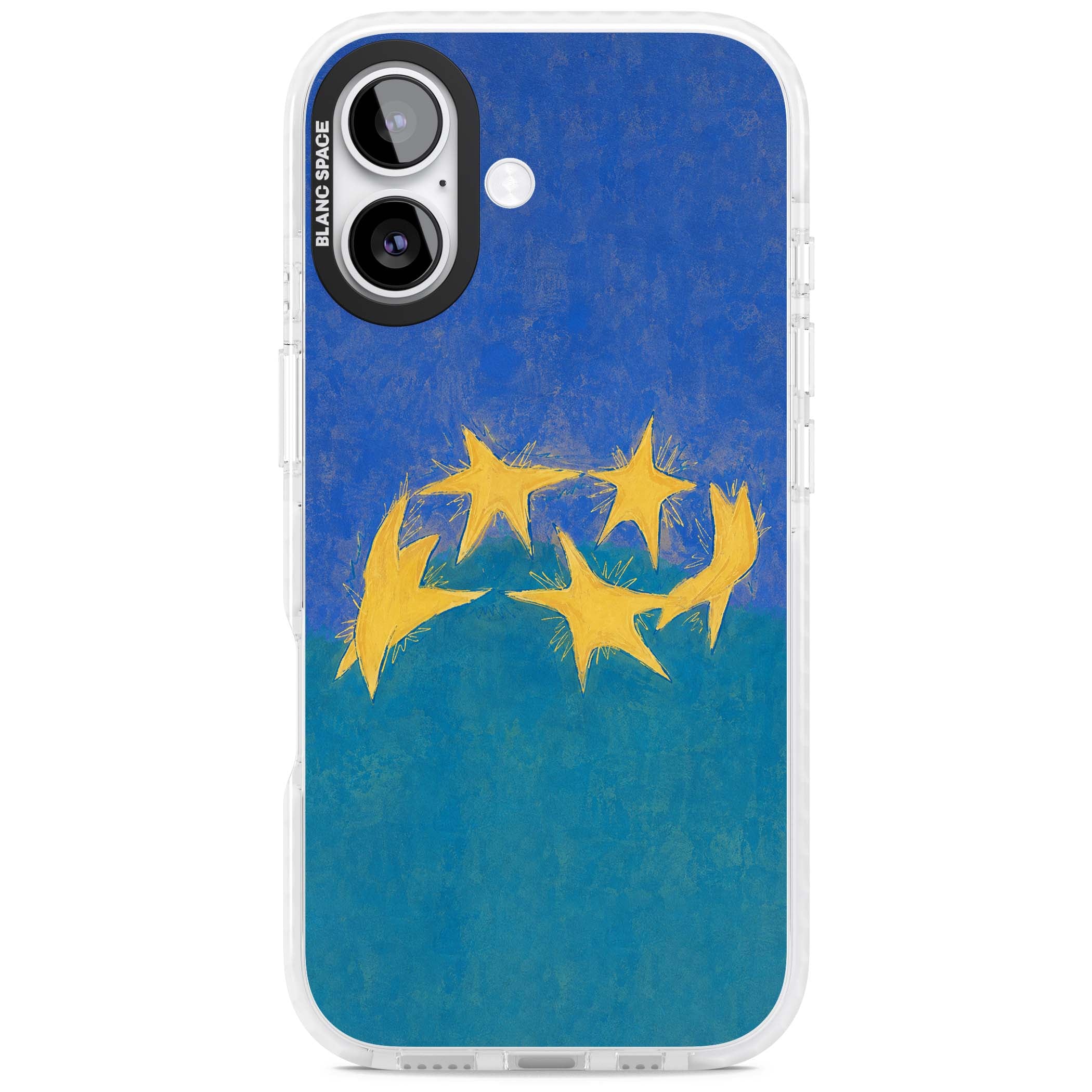 Star Boogie stars aesthetic iPhone case featuring five yellow hand-painted stars on cobalt blue and teal | Black Impact case for iPhone 17
