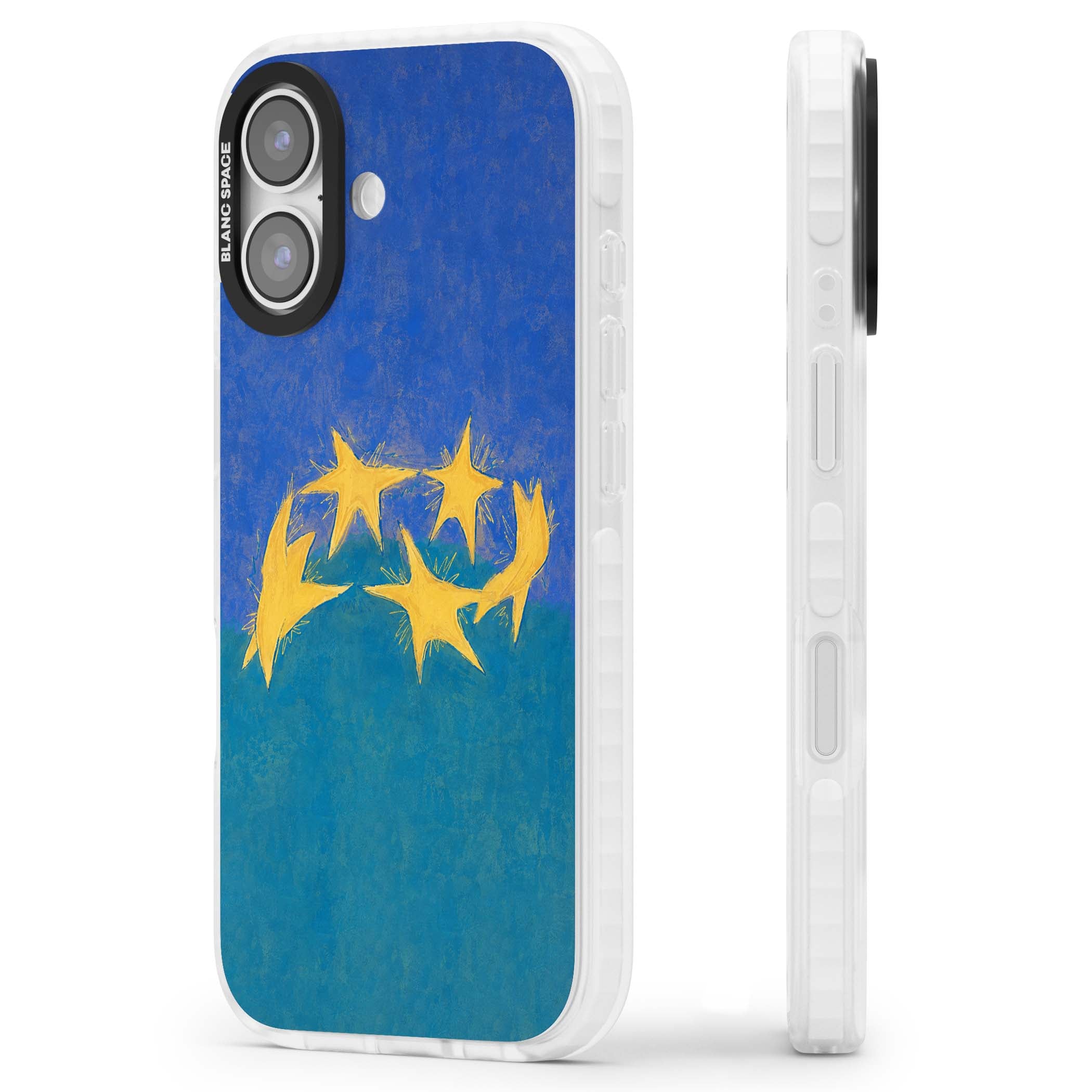 Star Boogie stars aesthetic iPhone case featuring five yellow hand-painted stars on cobalt blue and teal | Black Impact case for iPhone 17