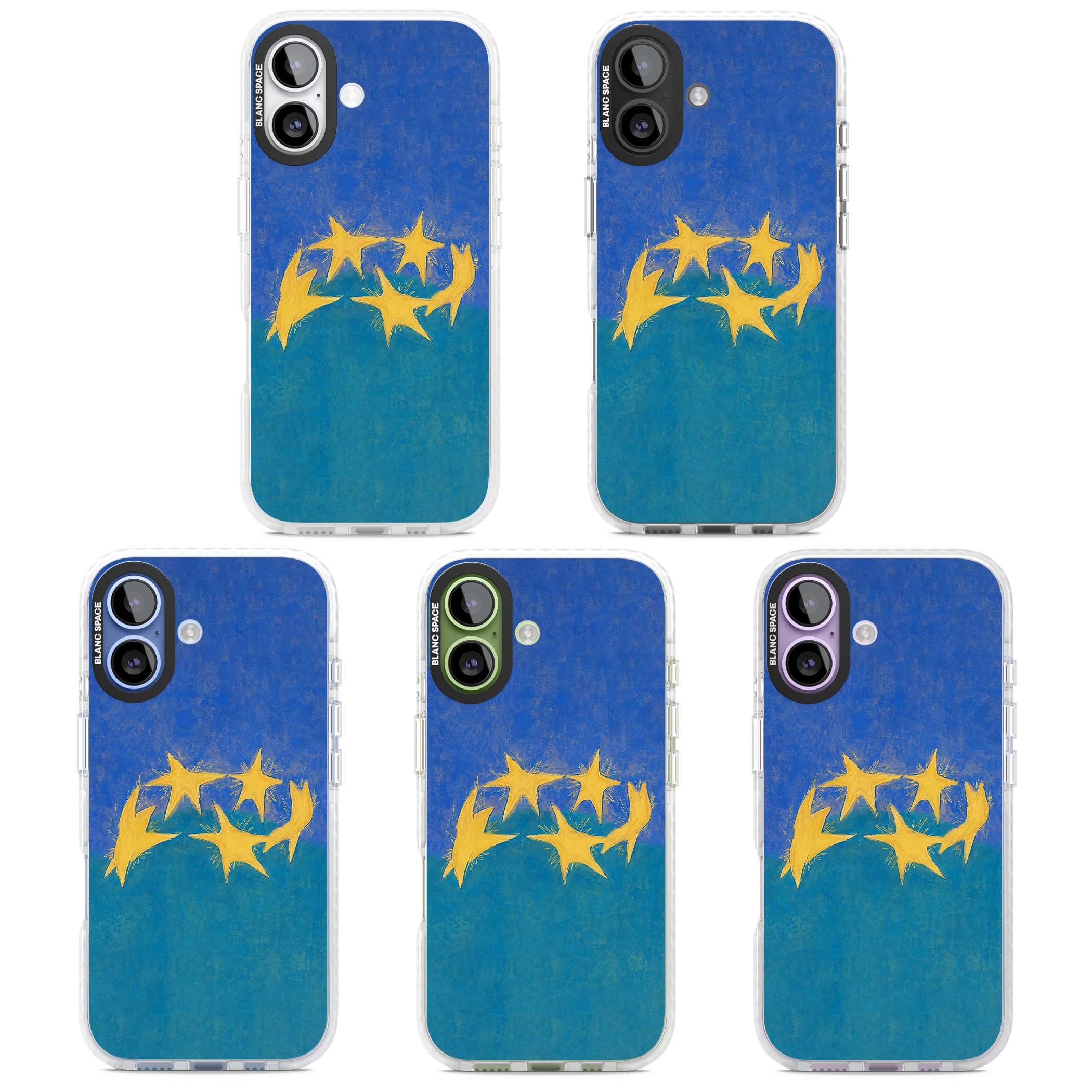 Star Boogie stars aesthetic iPhone case featuring five yellow hand-painted stars on cobalt blue and teal | Black Impact case for iPhone 17