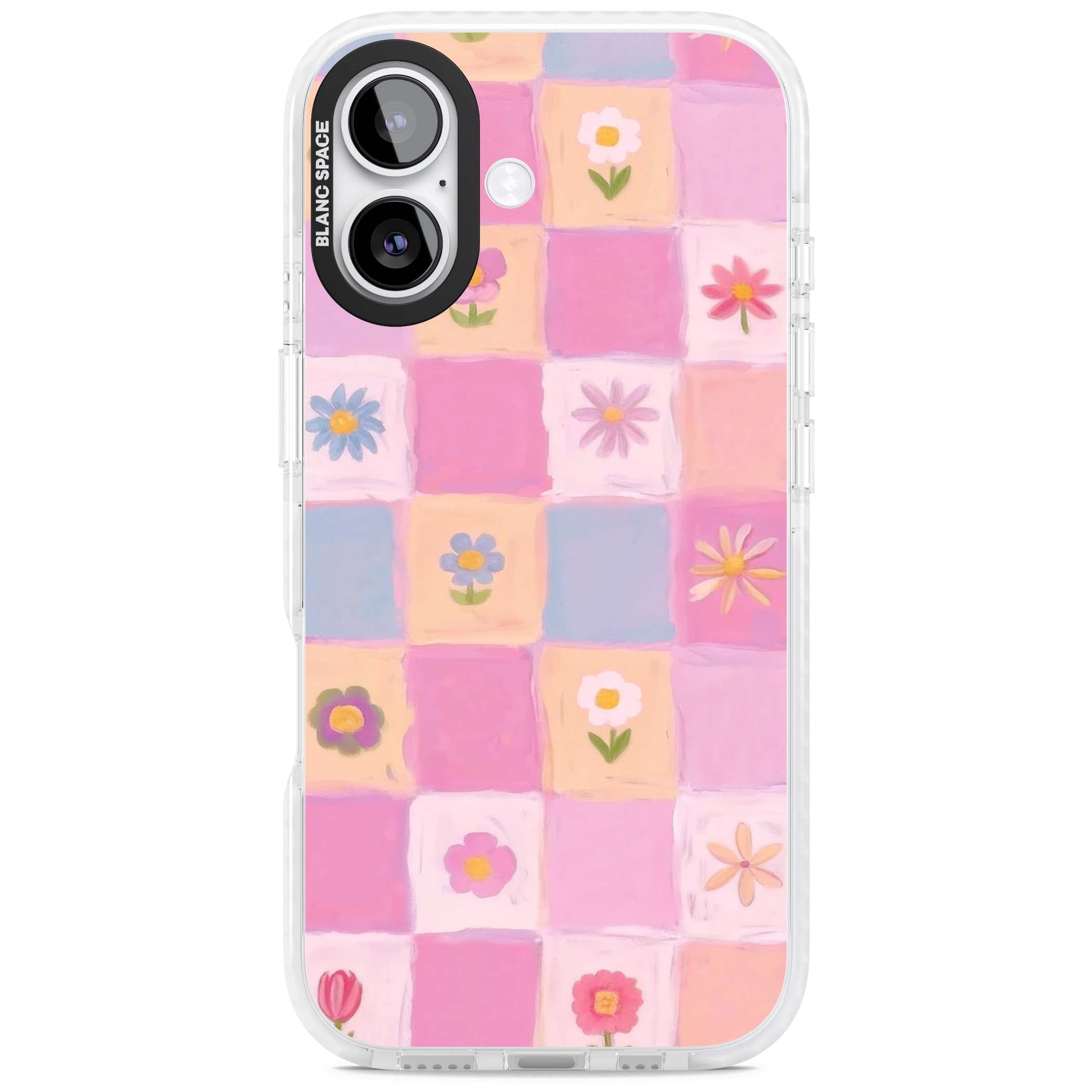 Pastel Flower Patchwork cottagecore iPhone case featuring painted pink and lilac squares with daisies and wildflowers | Black Impact case for iPhone 17
