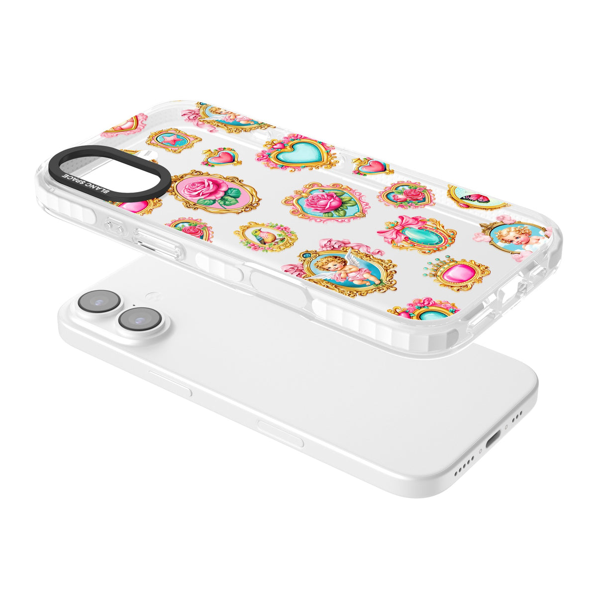 Angelcore Hearts Frames iPhone 16 / iPhone 16 Plus / iPhone 17 Impact Clear Phone Case angled