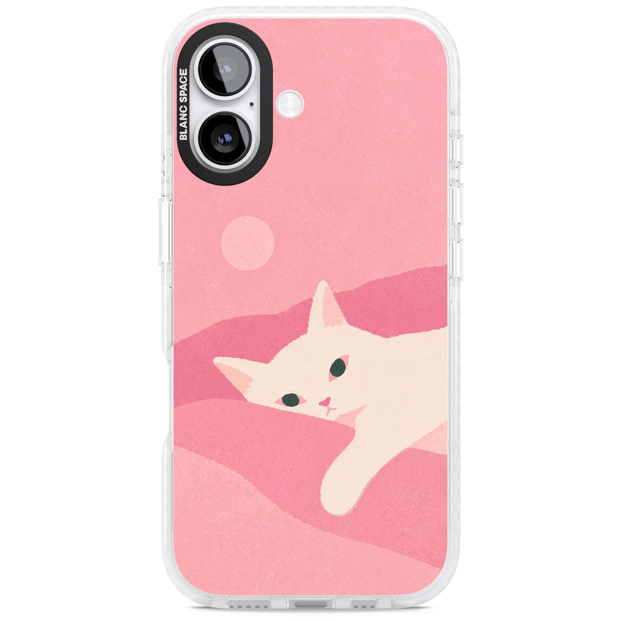 Pink Dreams cute cat iPhone case featuring a white kitten, soft pink hills and a pale pastel sun | Black Impact case for iPhone 17