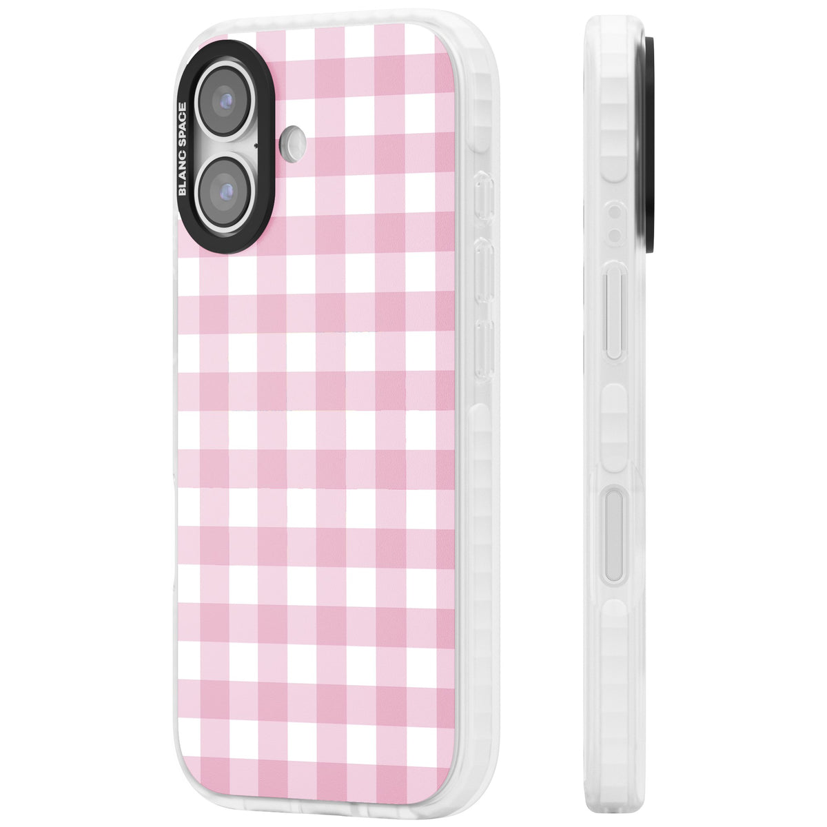 Pink Gingham iPhone 16 / iPhone 16 Plus / iPhone 17 Impact Clear Phone Case side