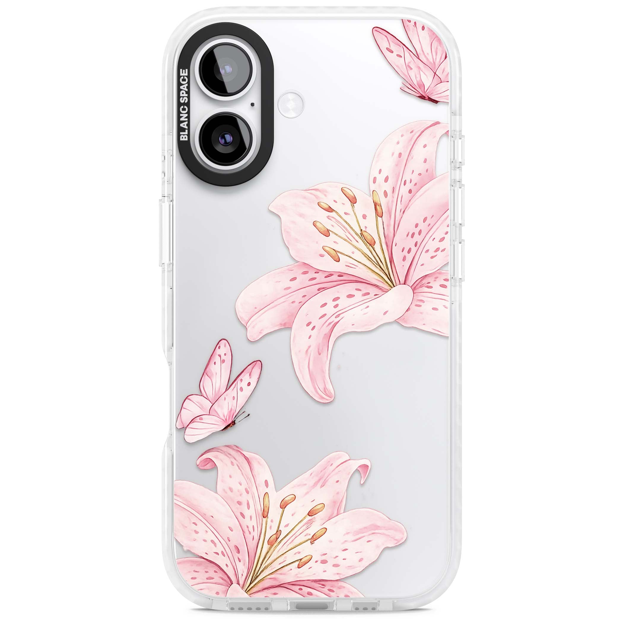 Lily Whisper floral iPhone case featuring pink watercolour lilies and delicate butterflies on a clear background | Black Impact case for iPhone 17