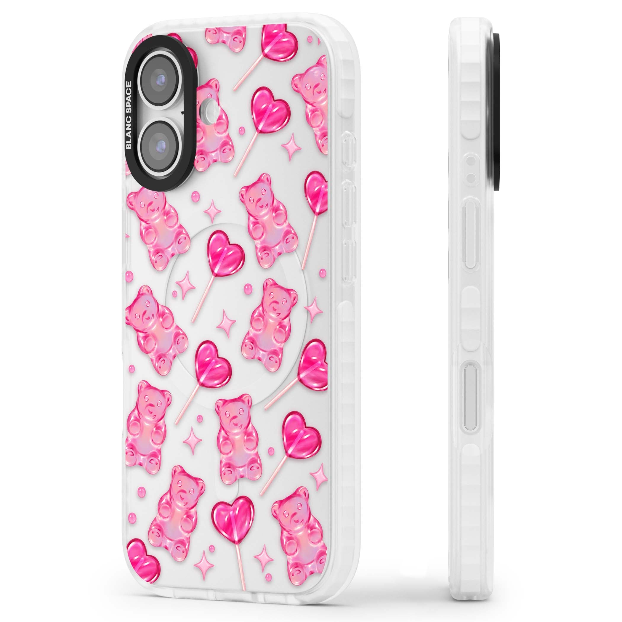 Pink Sugar pinkcore iPhone case featuring pink gummy bears, heart-shaped lollipops and sparkle stars | Black Impact case for iPhone 17