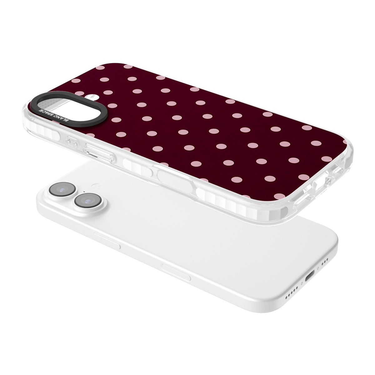 Merlot Dots polka dot iPhone case featuring dusty pink spots on a deep burgundy background in a retro grid iPhone 16 / iPhone 16 Plus / iPhone 17 Impact Clear Phone Case angled