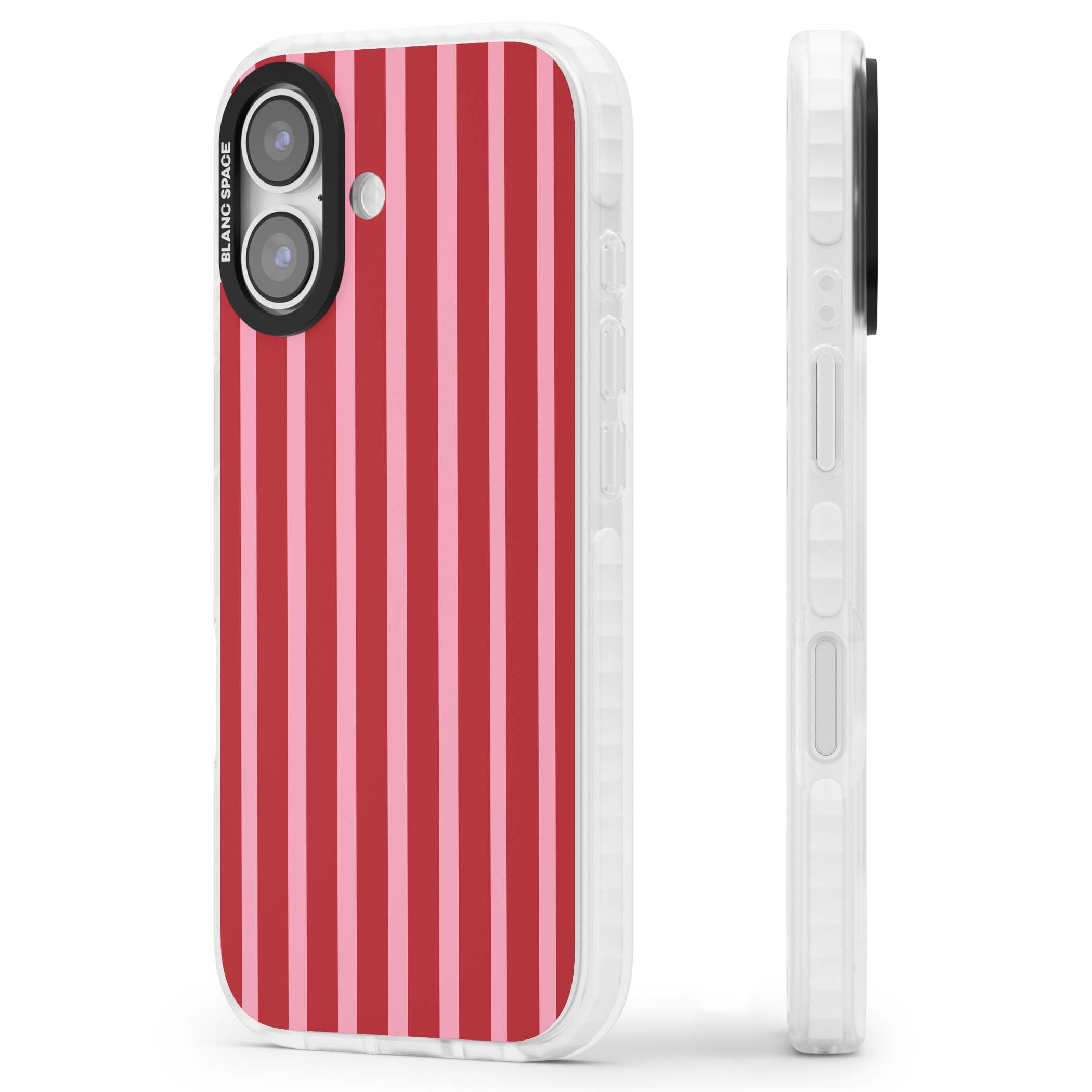 Raspberry Stripe coquette iPhone case featuring red and pink vertical stripes in a candy-inspired pattern | Black Impact case for iPhone 17
