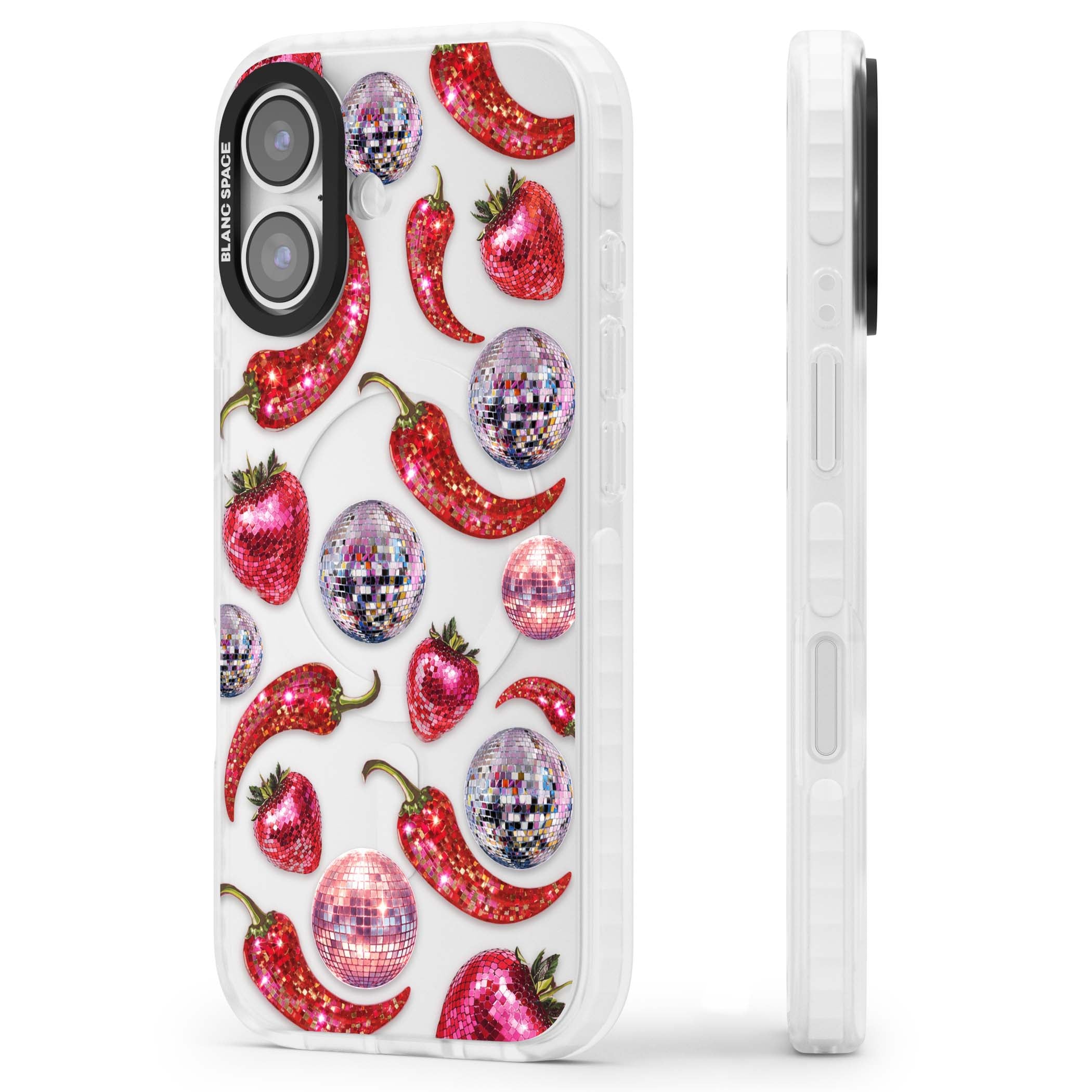 Spicy Disco Y2K iPhone case featuring glitter disco balls, sparkly strawberries and red chilli peppers | Black Impact case for iPhone 17