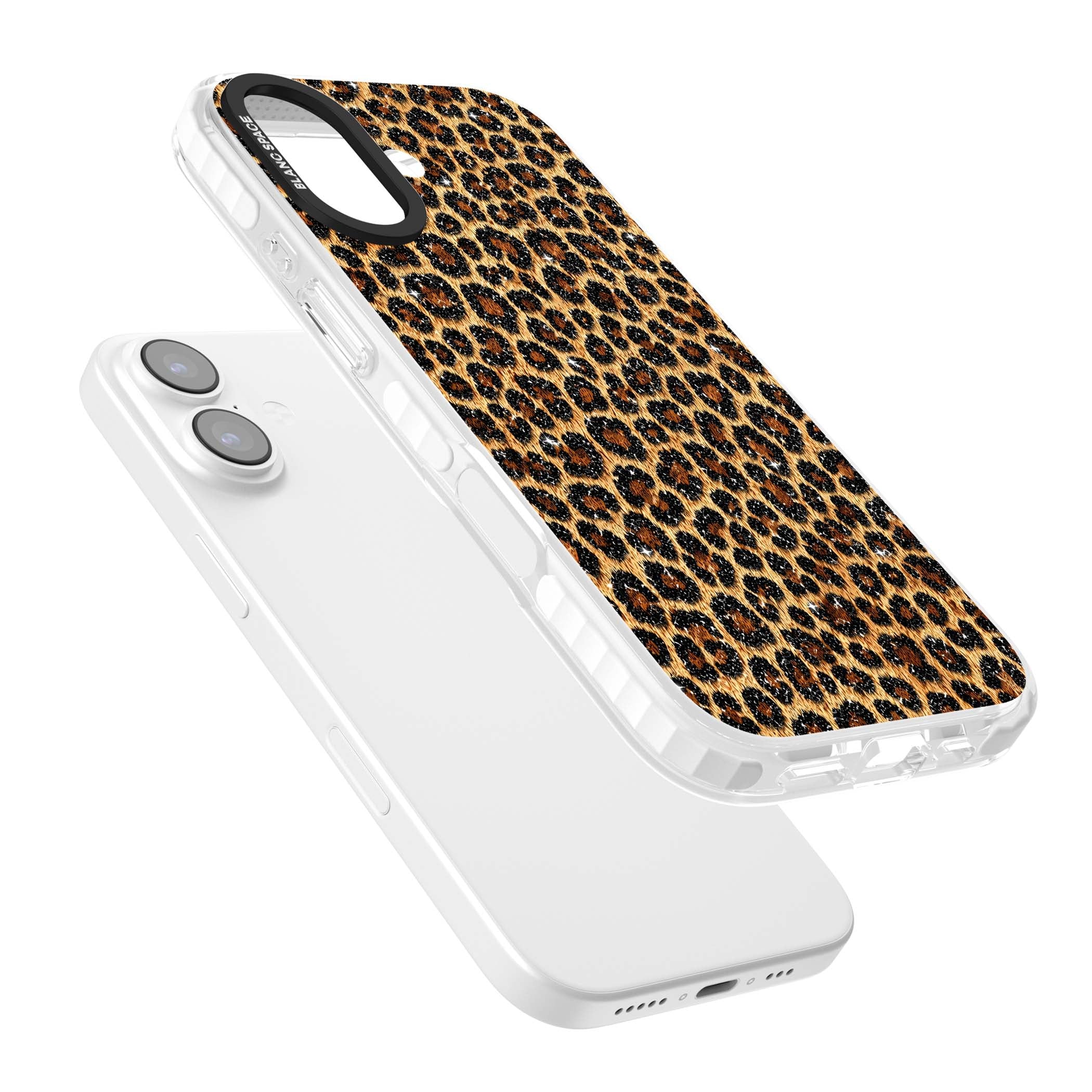 Diamond Leopard leopard print iPhone case featuring golden tan fur, black rosette spots and subtle glitter sparkle | Black Impact case for iPhone 17