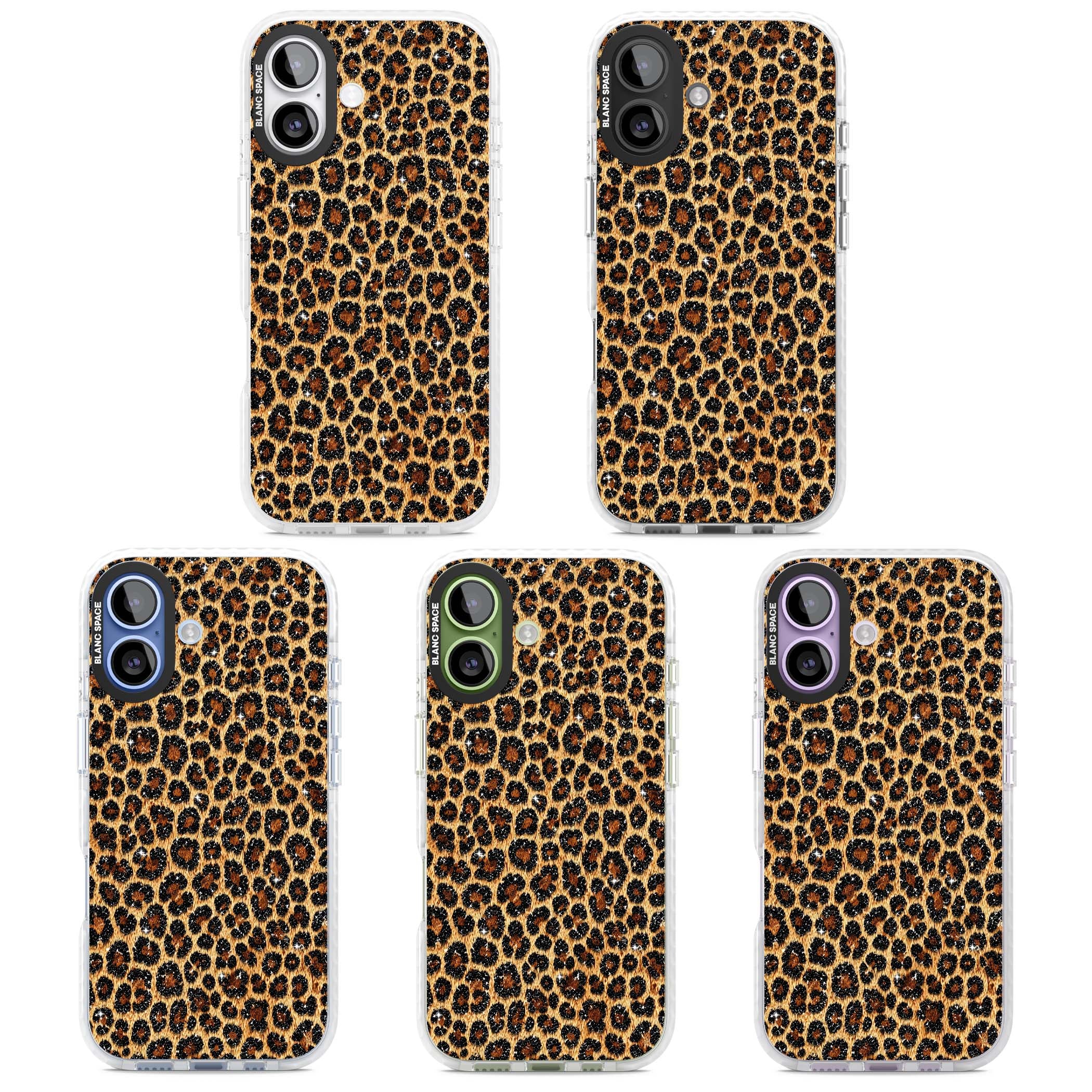 Diamond Leopard leopard print iPhone case featuring golden tan fur, black rosette spots and subtle glitter sparkle | Black Impact case for iPhone 17
