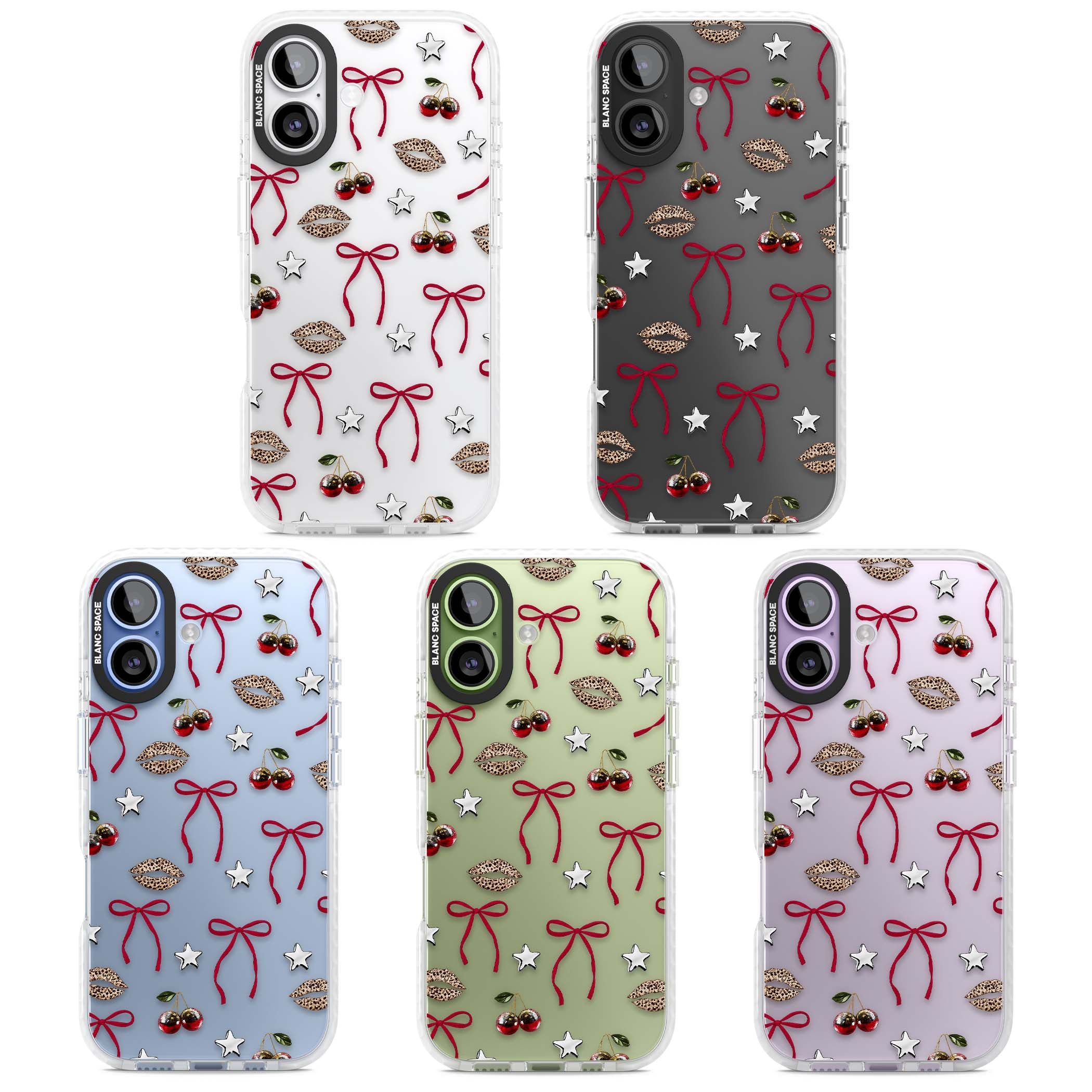 Starlet coquette iPhone case featuring red ribbon bows, disco cherries and leopard-print lips | Black Impact case for iPhone 17