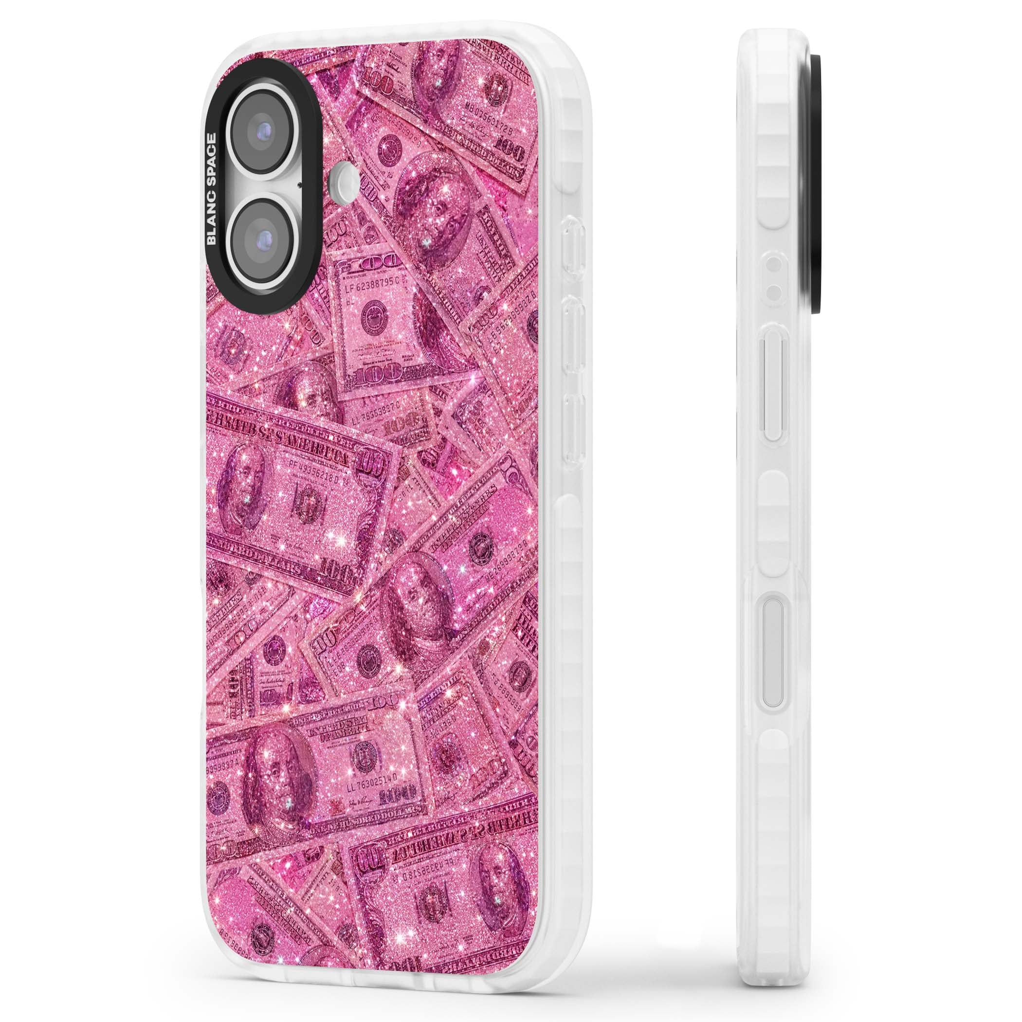 Glamorous baddie iPhone case featuring pink glitter hundred dollar bills and sparkling money wallpaper design | Black Impact case for iPhone 17