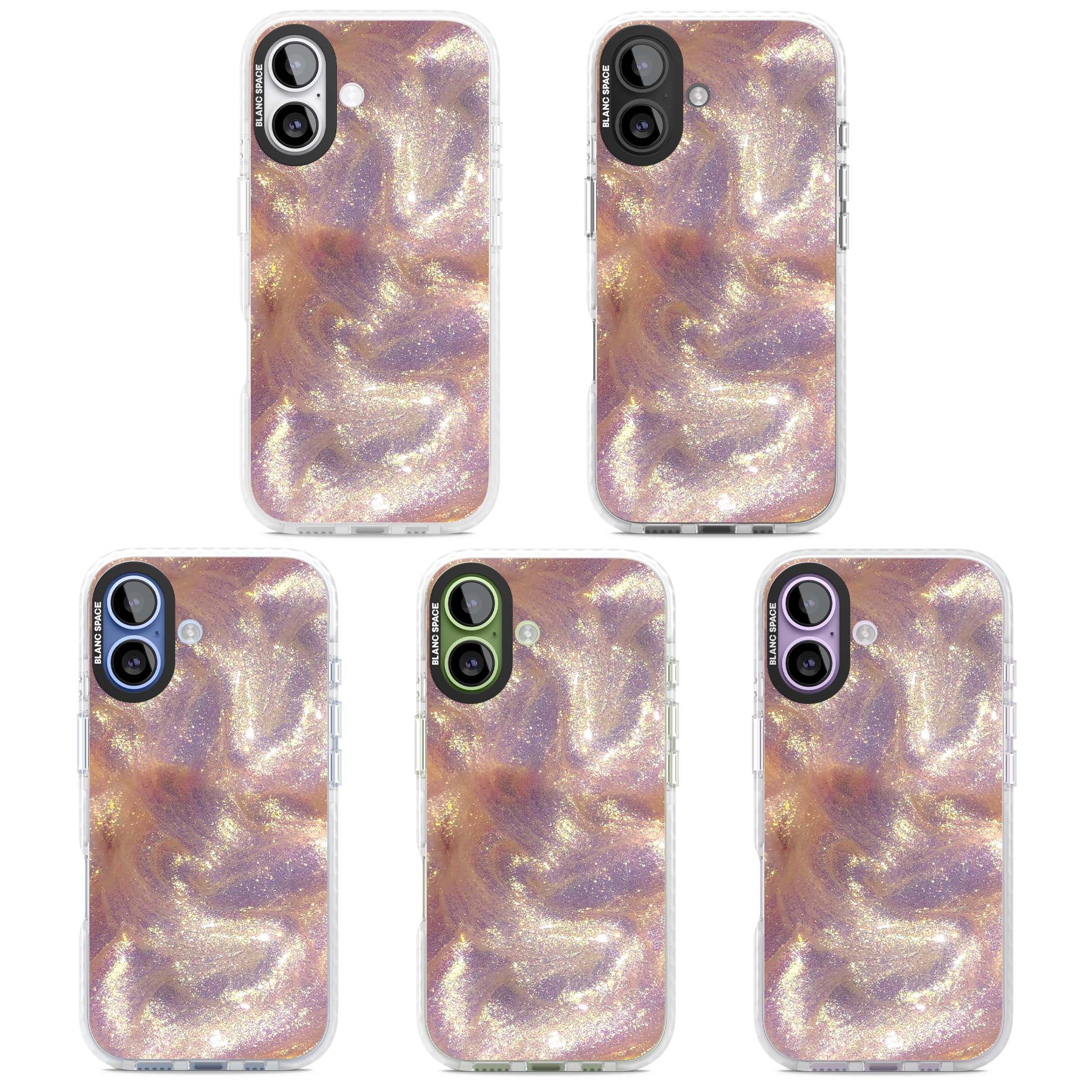 Shimmer marble iPhone case featuring rose gold glitter swirls, lilac shimmer and iridescent pearl finish | Black Impact case for iPhone 17