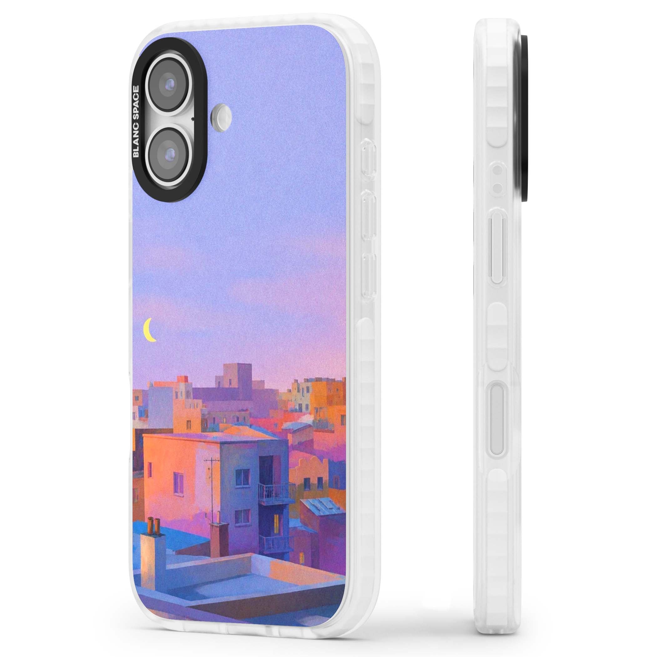 Twilight Rooftops vaporwave iPhone case featuring a pastel sunset cityscape, painted rooftops and a crescent moon. | Black Impact case for iPhone 17