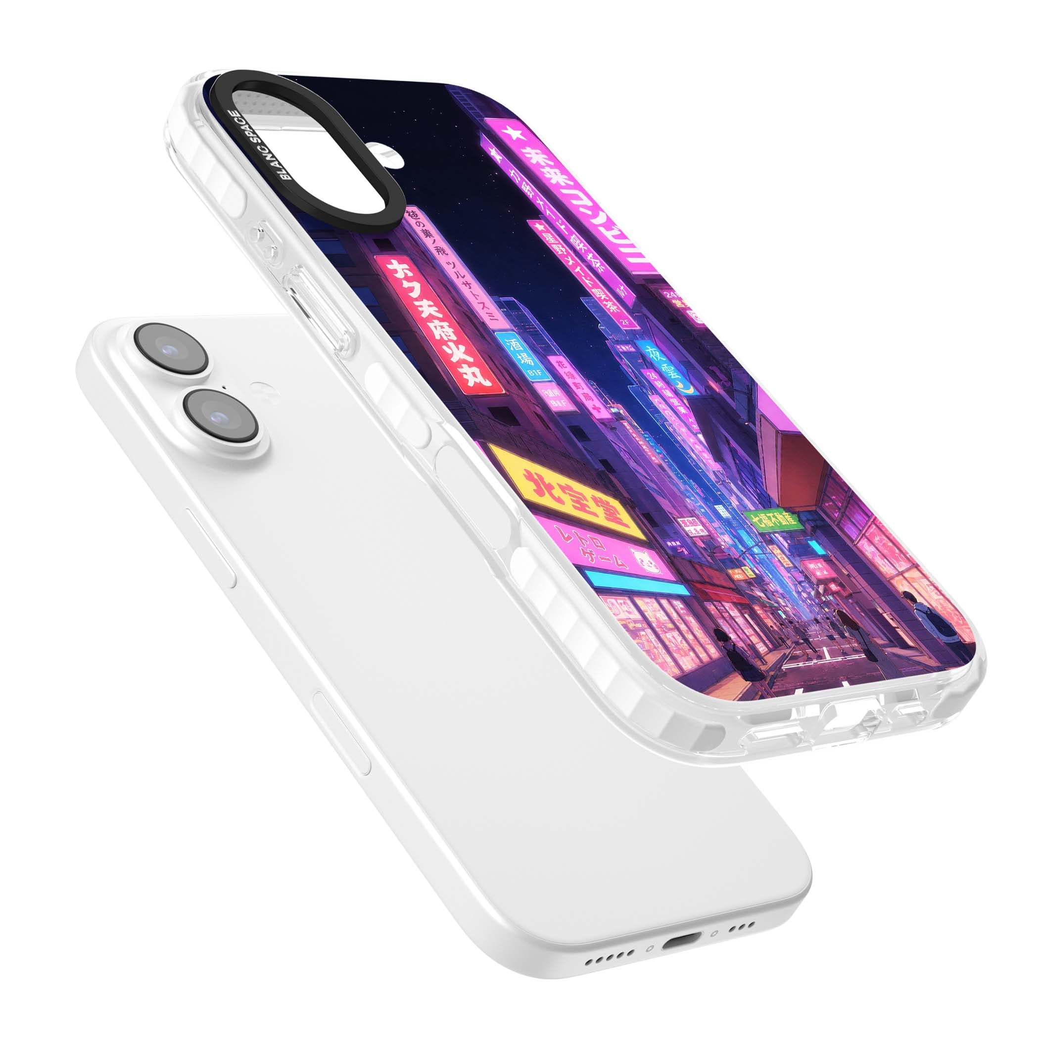 Shibuya At Night Japanese neon city iPhone case featuring glowing kanji signs, pink storefronts and a Tokyo street at n | Black Impact case for iPhone 17