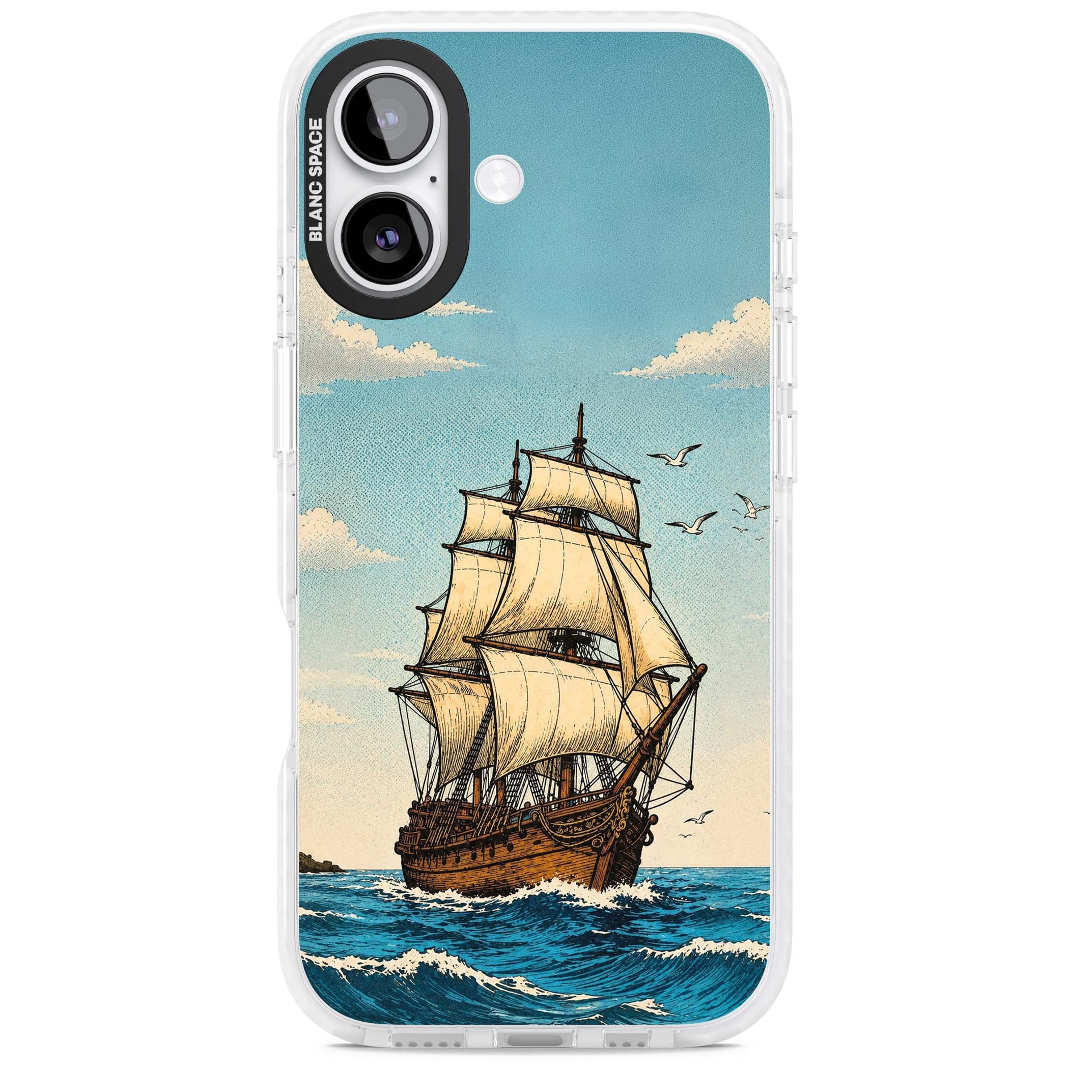 Ship at Sea nautical iPhone case featuring a vintage tall ship, ocean waves and seagulls | Black Impact case for iPhone 17