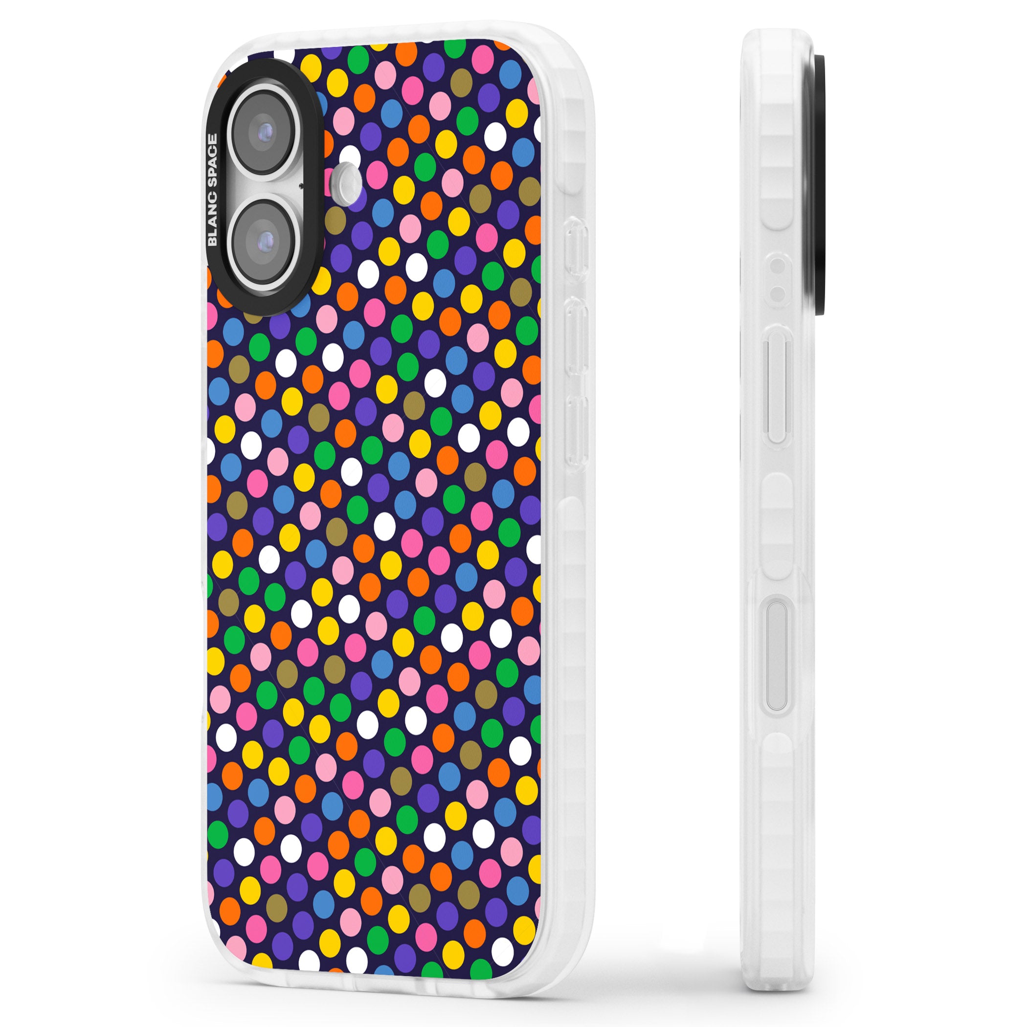 Multicolour Polka Dot Fiesta (Purple) iPhone 17 Impact Clear Phone Case Side Profile