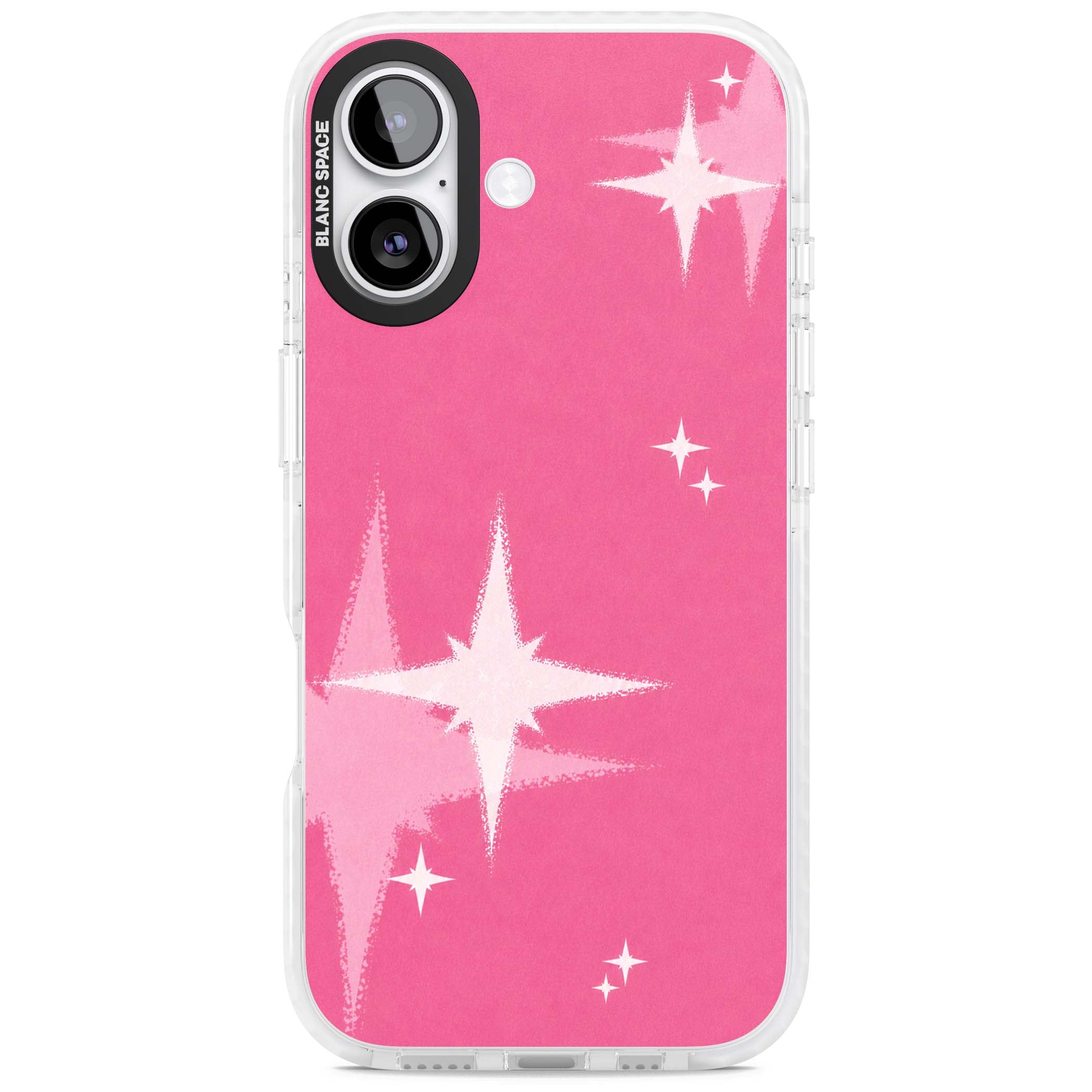 Pink Sparkle Y2K iPhone case featuring hot pink background with shimmering white starburst pattern | Black Impact case for iPhone 17