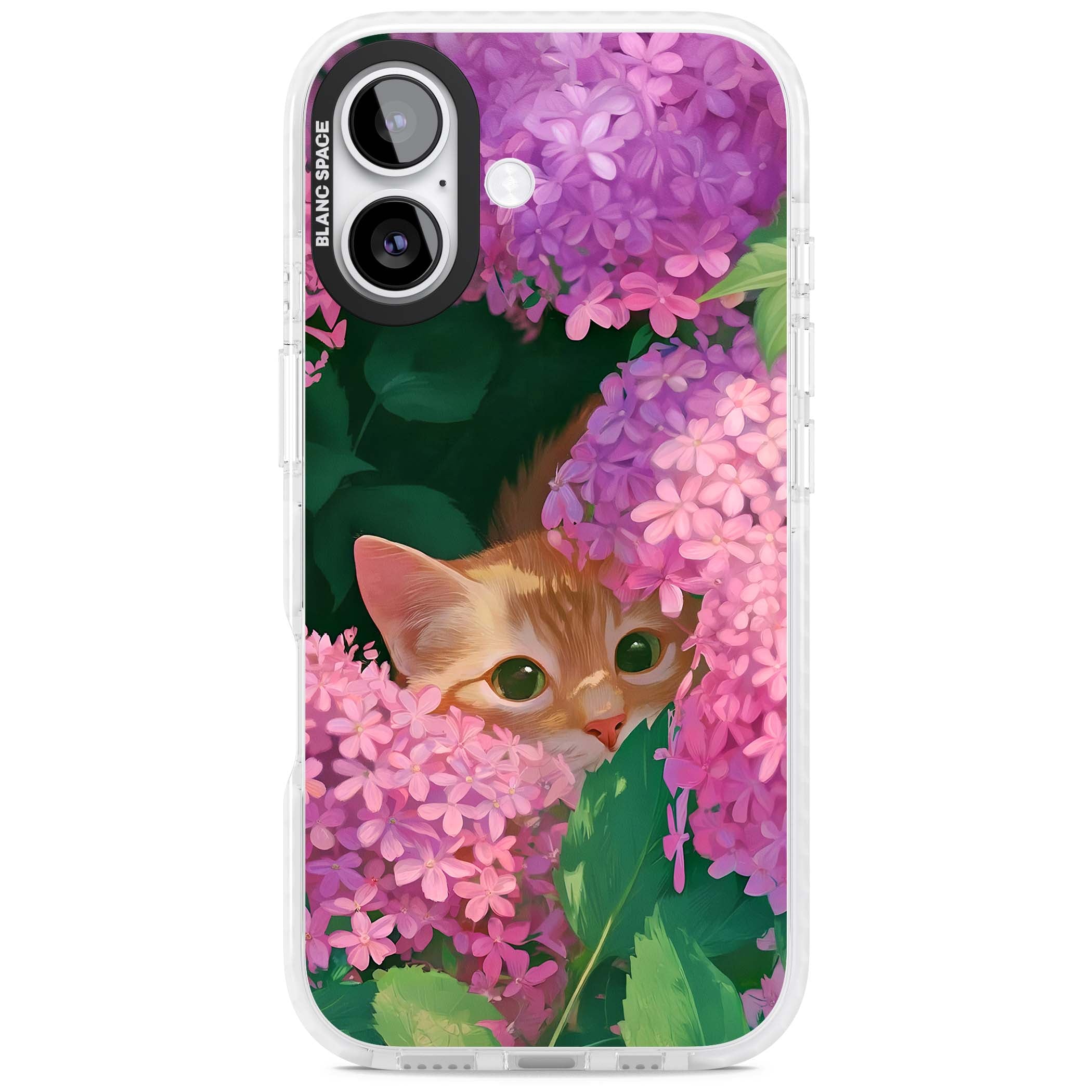 Cat In Pink Flowers cottagecore iPhone case featuring a ginger kitten peeking through lilac and pink hydrangea flo | Black Impact case for iPhone 17