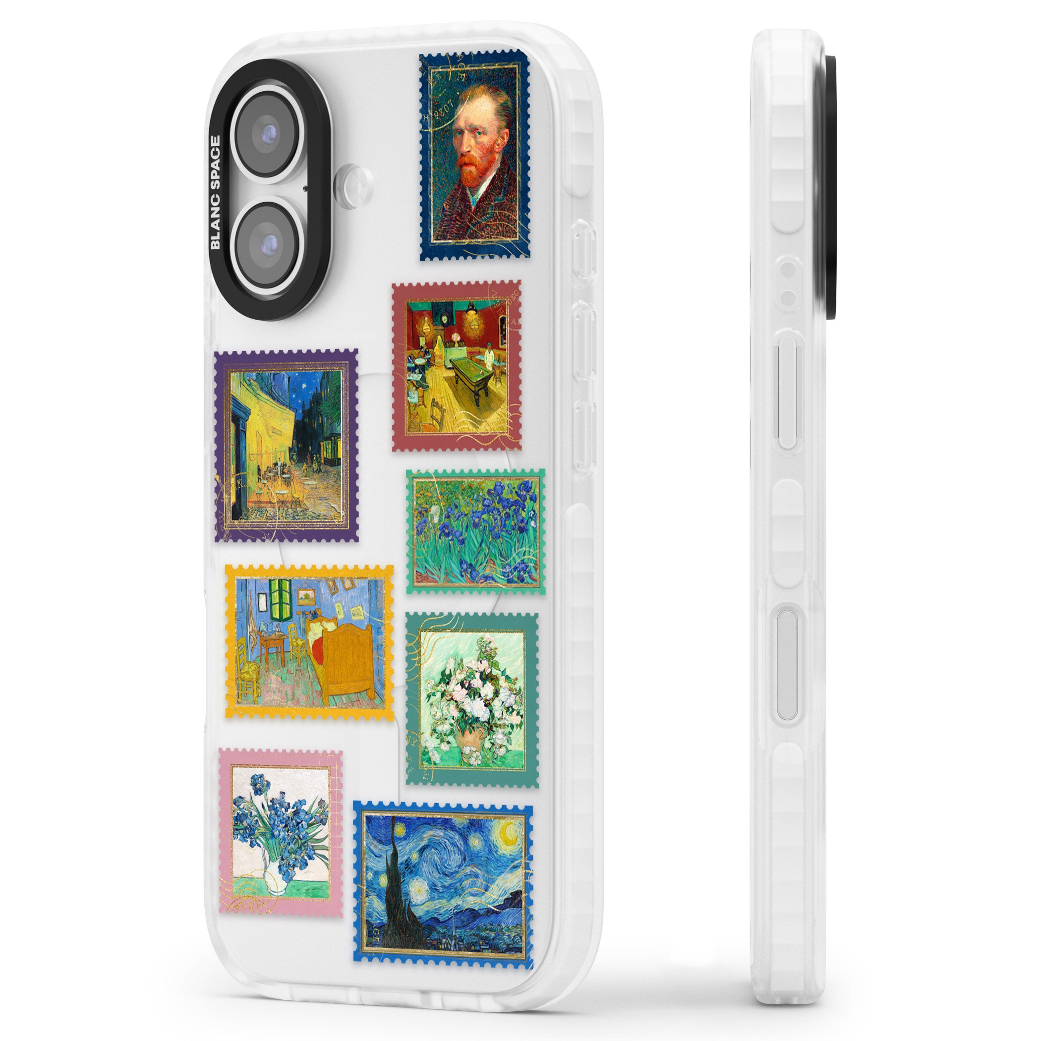 Colourful Vintage Art Stamps iPhone 17 Impact Clear Phone Case Side Profile