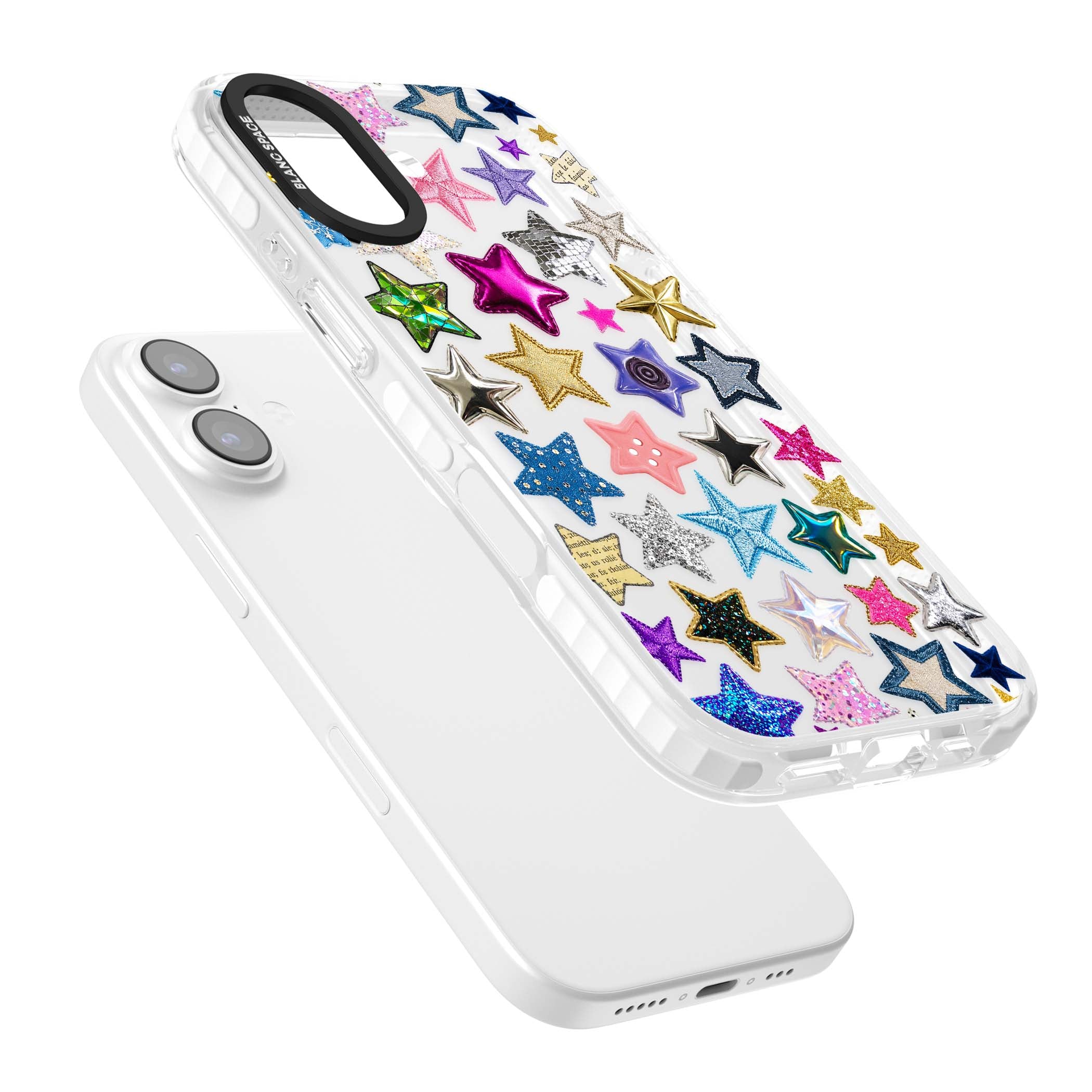 Crafty Star Mix Y2K iPhone case featuring embroidered, sequinned and glitter star patches in rainbow colours | Black Impact case for iPhone 17