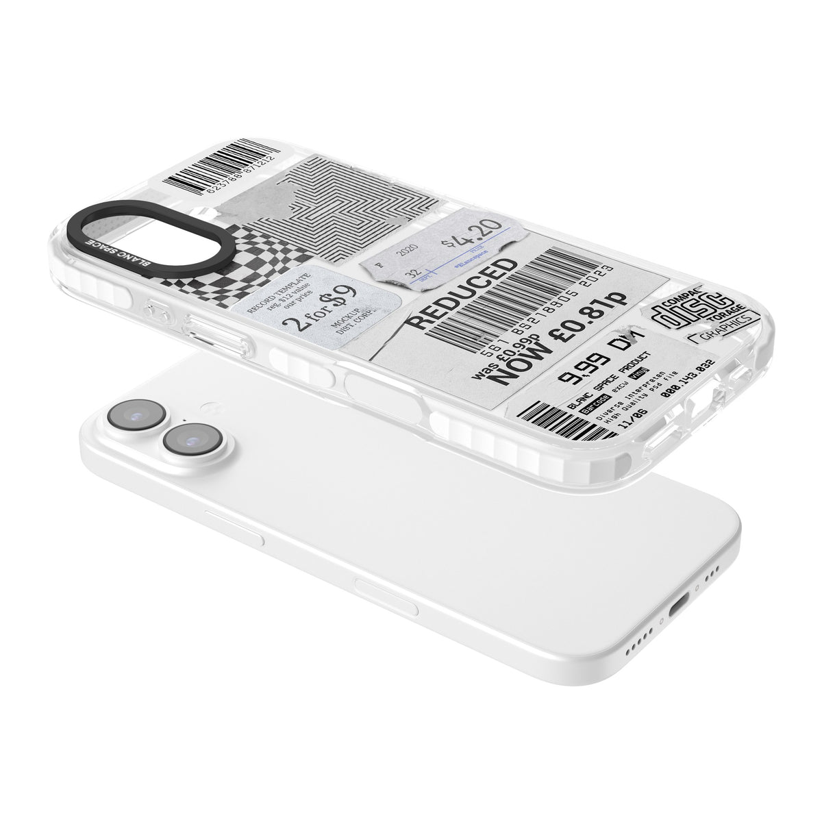 White Sticker Mix iPhone 16 / iPhone 16 Plus / iPhone 17 Impact Clear Phone Case angled