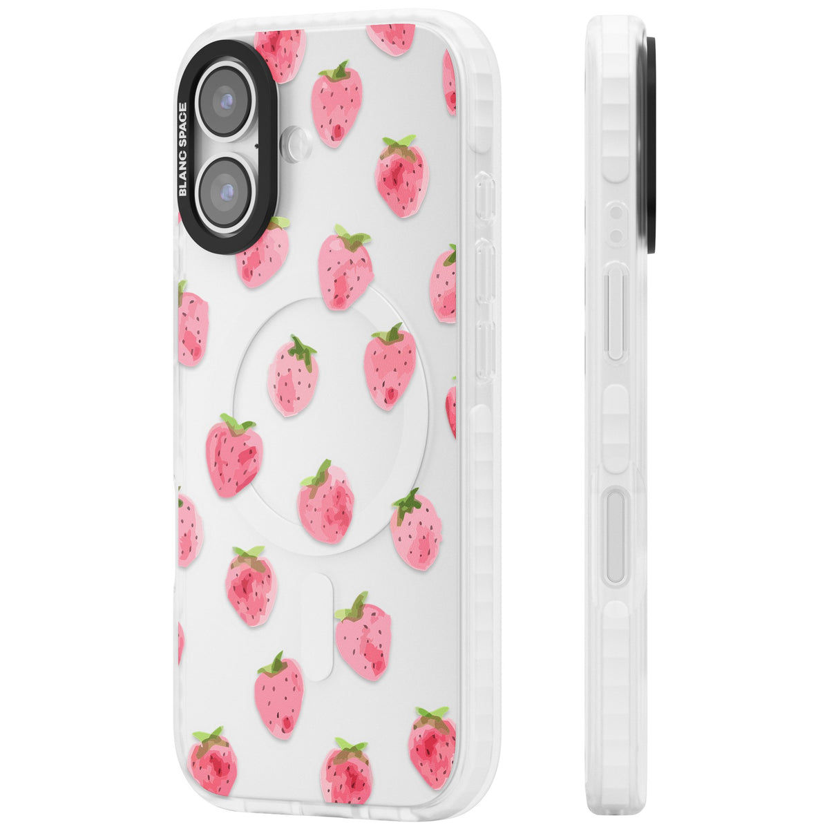Pink Strawberry iPhone 16 / iPhone 16 Plus / iPhone 17 Impact Clear Phone Case side