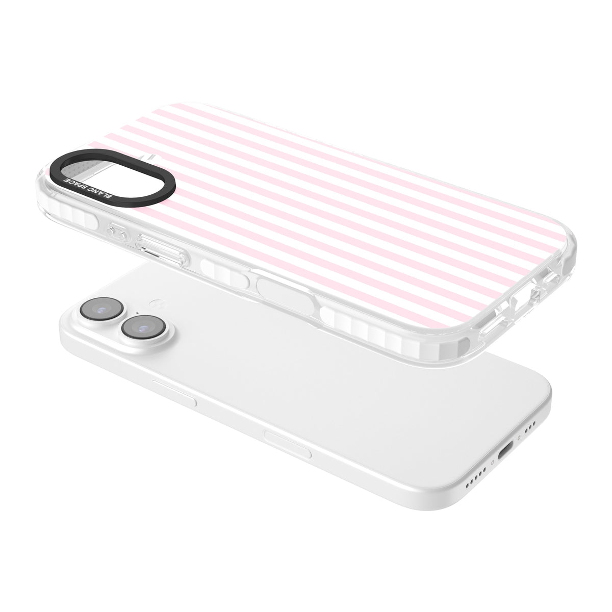 Pink Stripe preppy iPhone case featuring soft pastel pink and white vertical candy stripes iPhone 16 / iPhone 16 Plus / iPhone 17 Impact Clear Phone Case angled