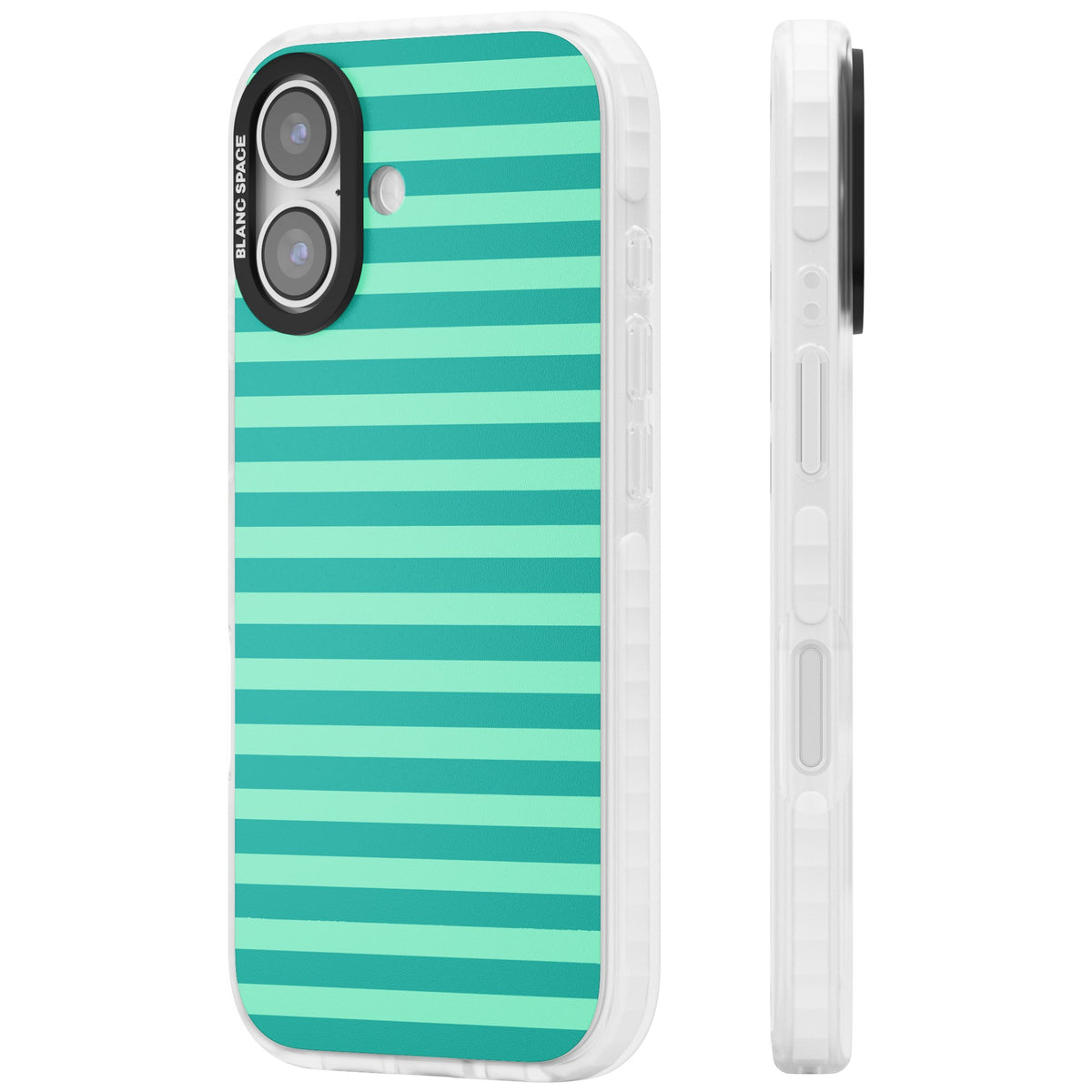 Turquoise Stripe preppy iPhone case featuring horizontal teal and mint green stripes on a black protective frame iPhone 16 / iPhone 16 Plus / iPhone 17 Impact Clear Phone Case side