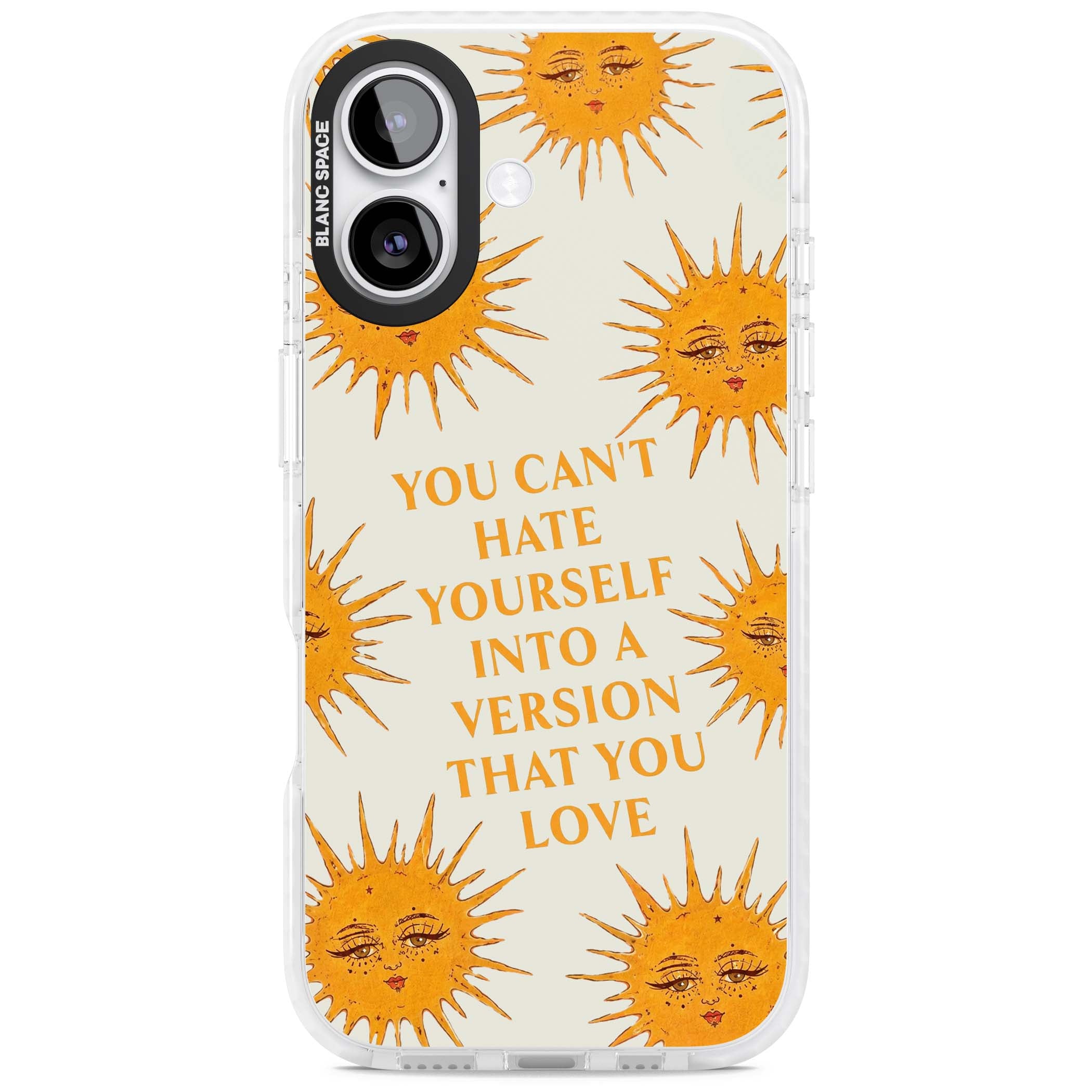 Don't Hate Yourself celestial iPhone case featuring vintage sun faces, ochre rays and a self-love quote | Black Impact case for iPhone 17