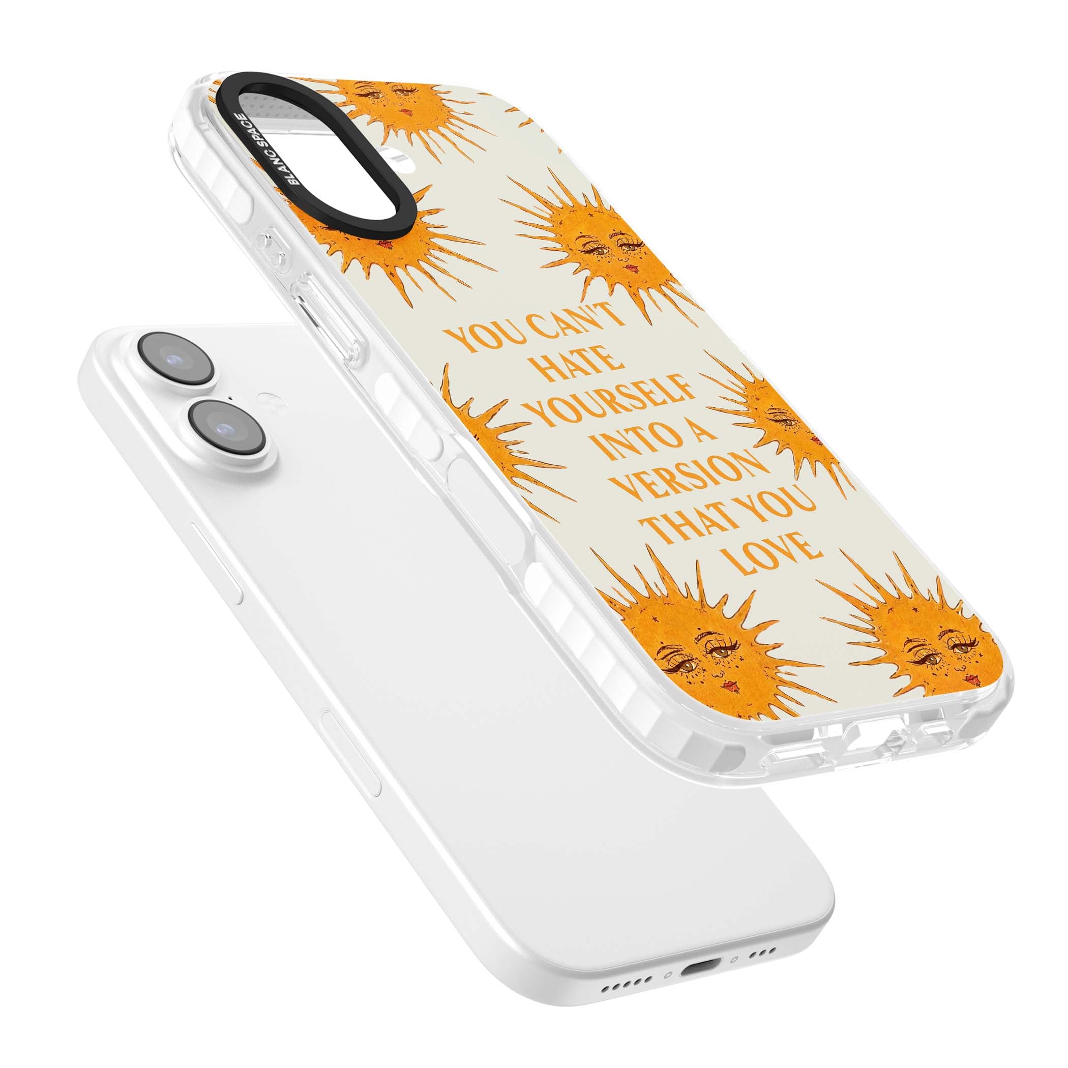Don't Hate Yourself celestial iPhone case featuring vintage sun faces, ochre rays and a self-love quote | Black Impact case for iPhone 17