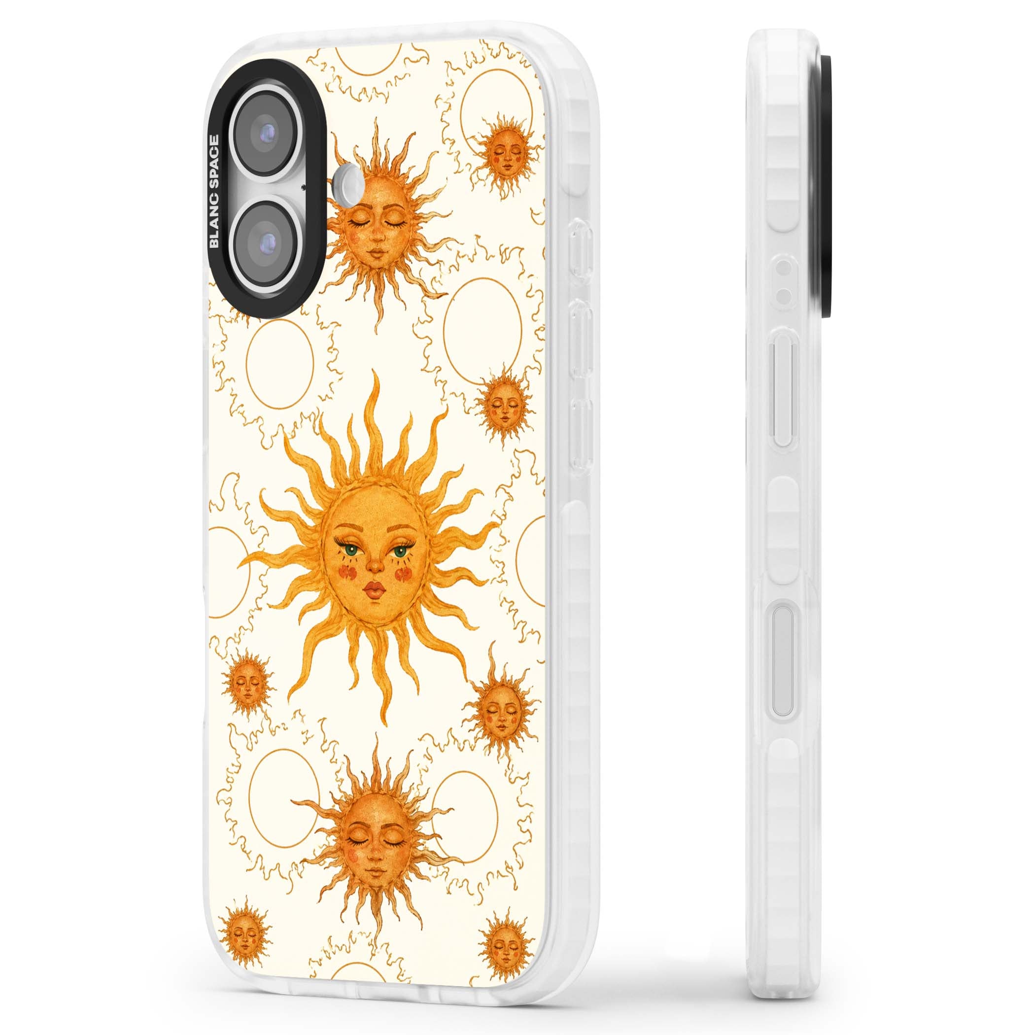 Solstice Muse celestial iPhone case featuring hand-painted golden sun faces, closed-eye sun goddesses and outlined moons... | Black Impact case for iPhone 17