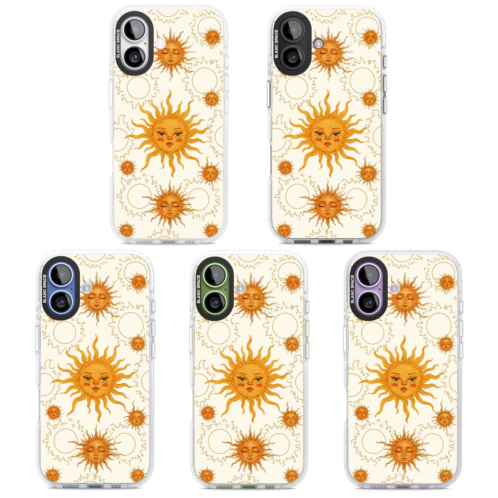 Solstice Muse celestial iPhone case featuring hand-painted golden sun faces, closed-eye sun goddesses and outlined moons... | Black Impact case for iPhone 17