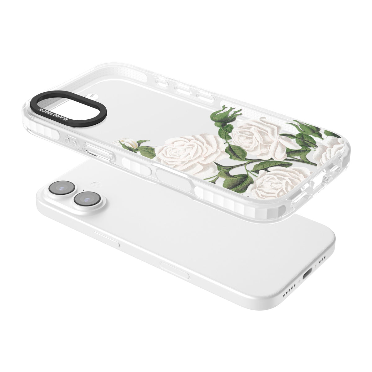 White Vintage Painted Flowers iPhone 16 / iPhone 16 Plus / iPhone 17 Impact Clear Phone Case angled