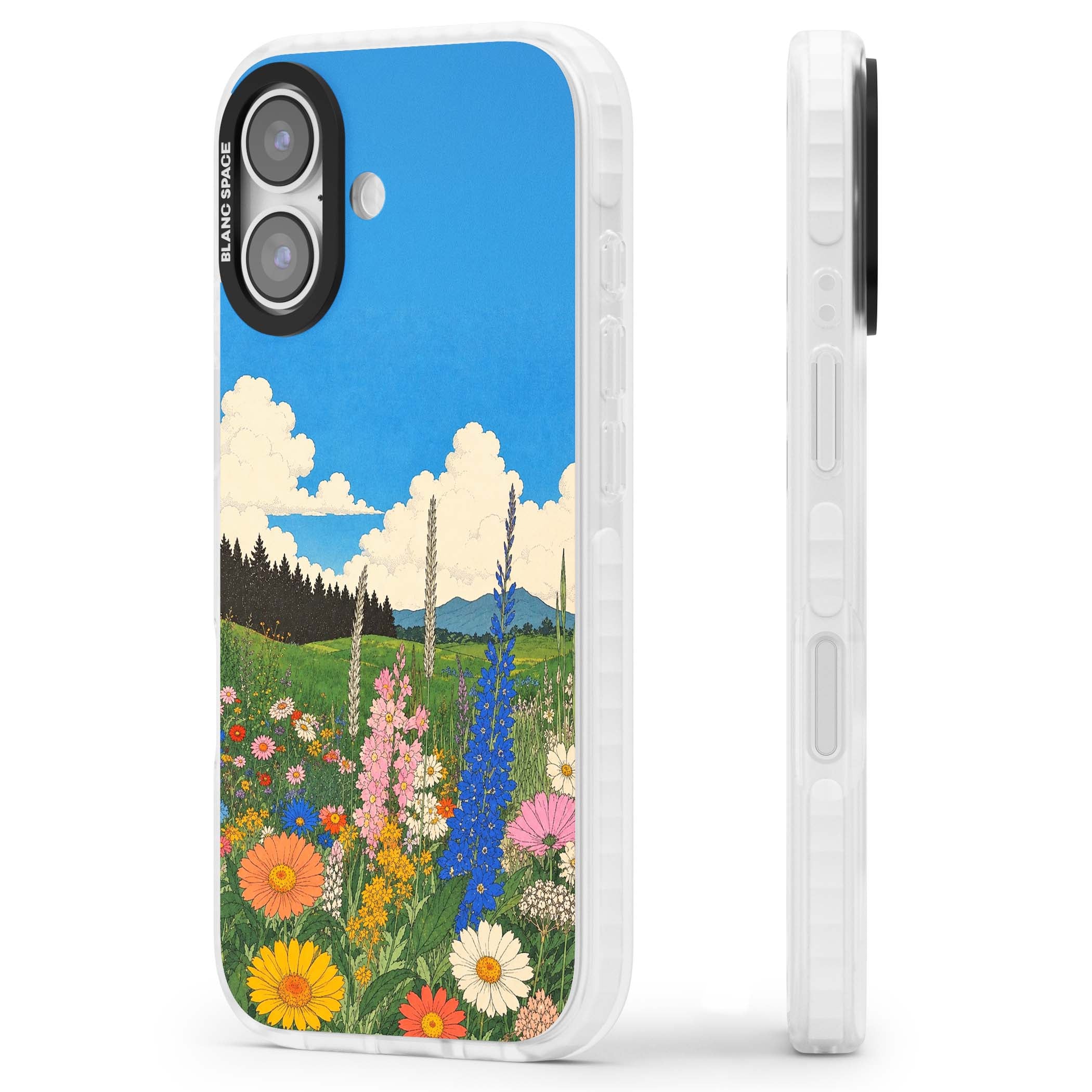 Wildbloom wildflower iPhone case featuring a vintage Japanese-style meadow landscape with daisies, delphiniums and moun | Black Impact case for iPhone 17