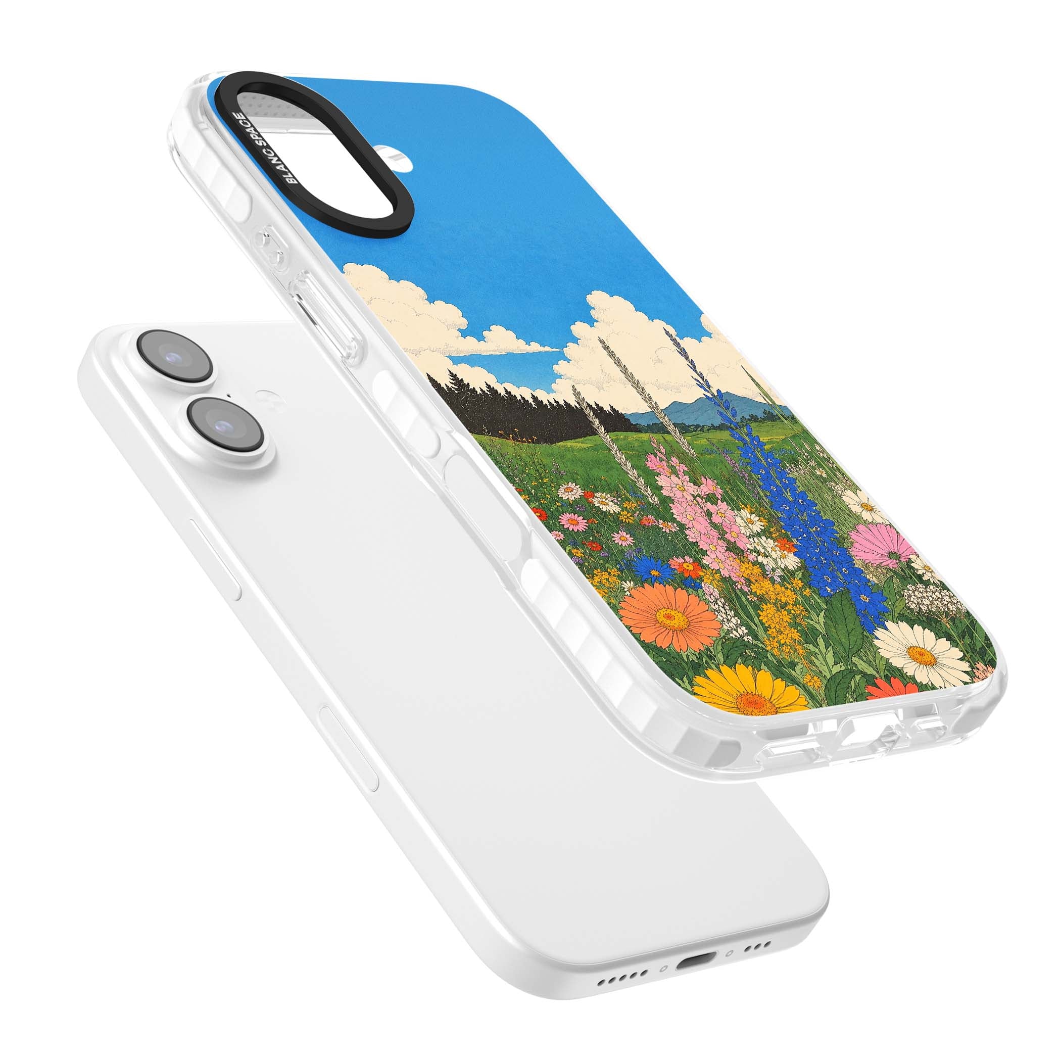 Wildbloom wildflower iPhone case featuring a vintage Japanese-style meadow landscape with daisies, delphiniums and moun | Black Impact case for iPhone 17