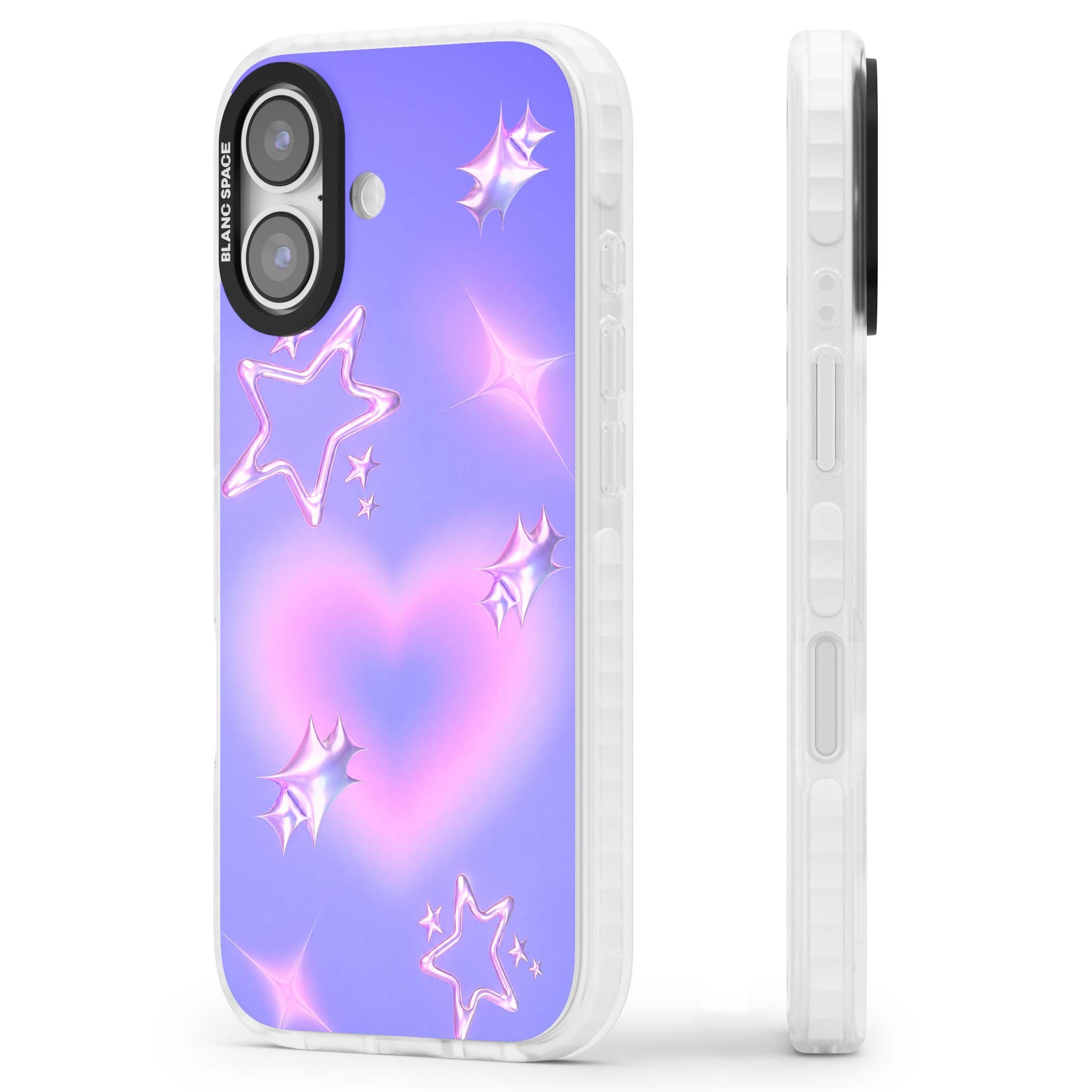 Soft Sugar Y2K iPhone case featuring iridescent chrome hearts, metallic pink stars and a lavender gradient sky | Black Impact case for iPhone 17