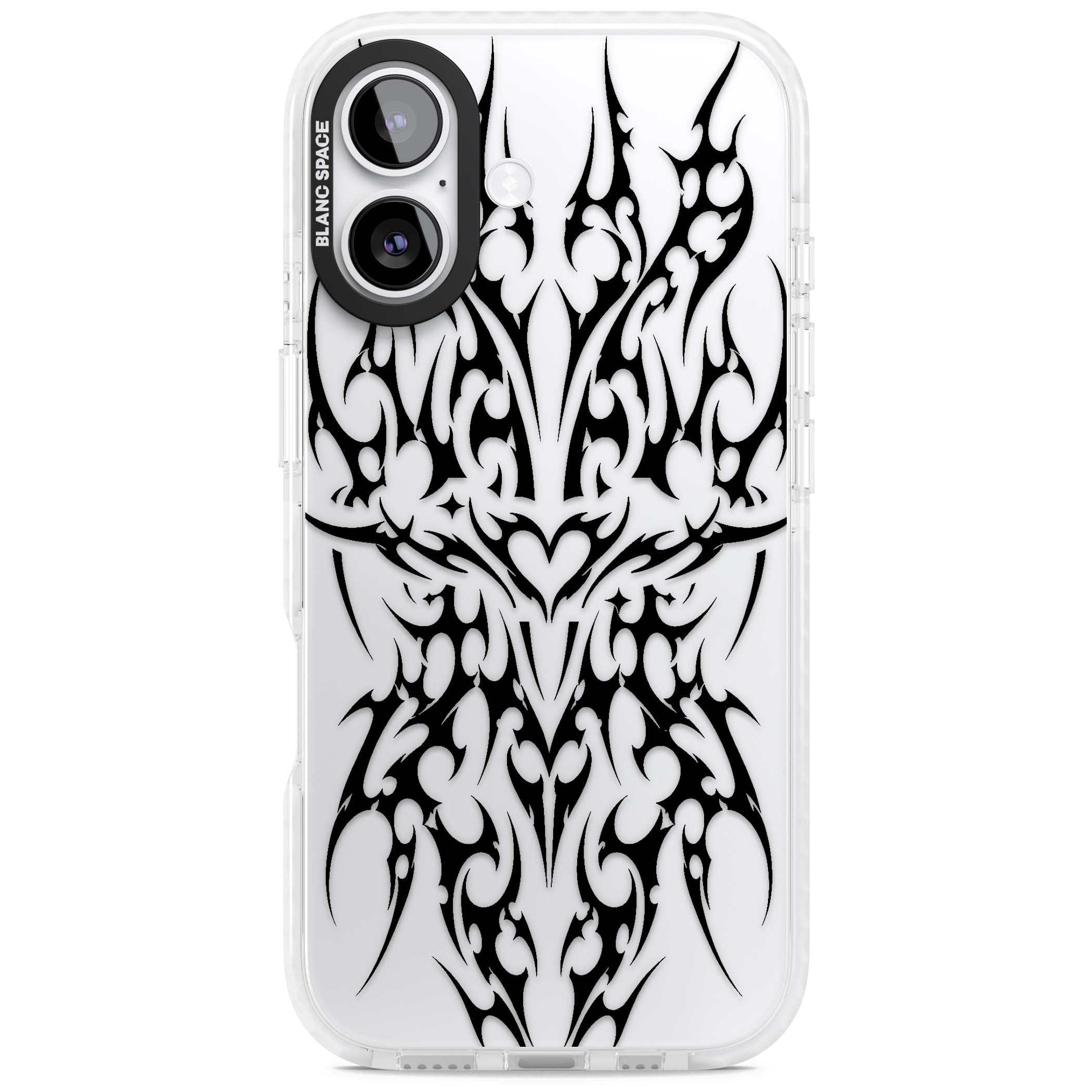 Neo Tribal Heart gothic iPhone case featuring symmetrical black tribal tattoo art with sharp thorn-like linework | Black Impact case for iPhone 17