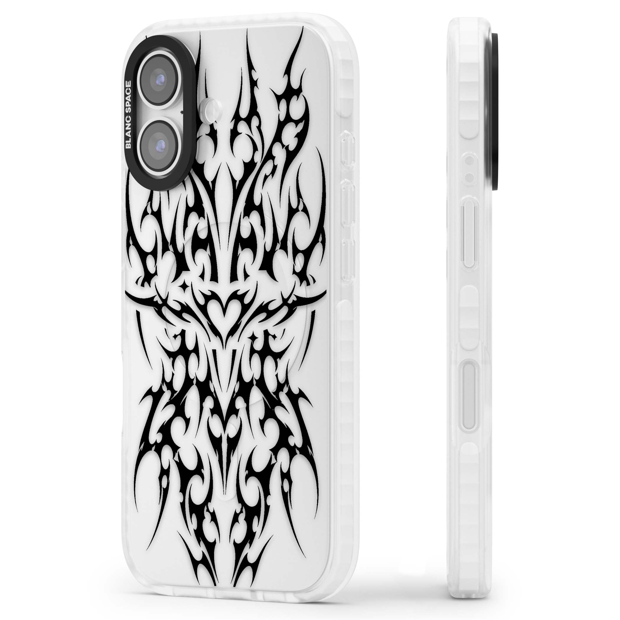 Neo Tribal Heart gothic iPhone case featuring symmetrical black tribal tattoo art with sharp thorn-like linework | Black Impact case for iPhone 17