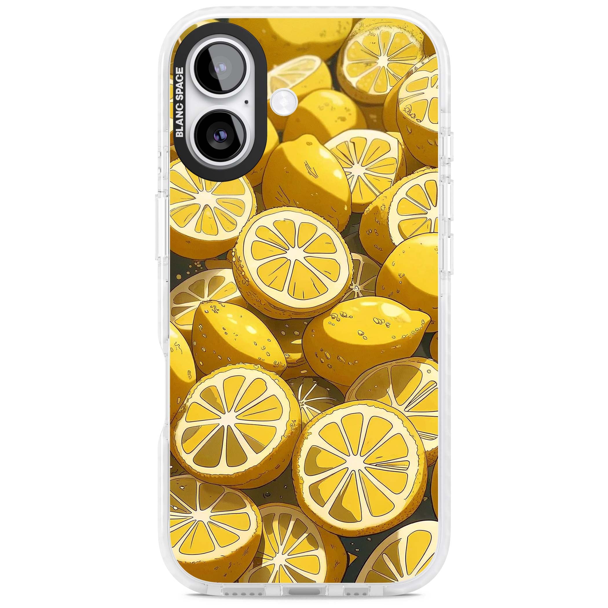 Zesty coastal iPhone case featuring illustrated Mediterranean lemons and citrus slices in golden yellow | Black Impact case for iPhone 17